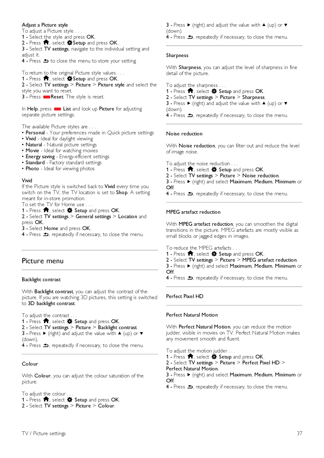 Philips 55PDL890, 46PDL890 user manual Picture menu 