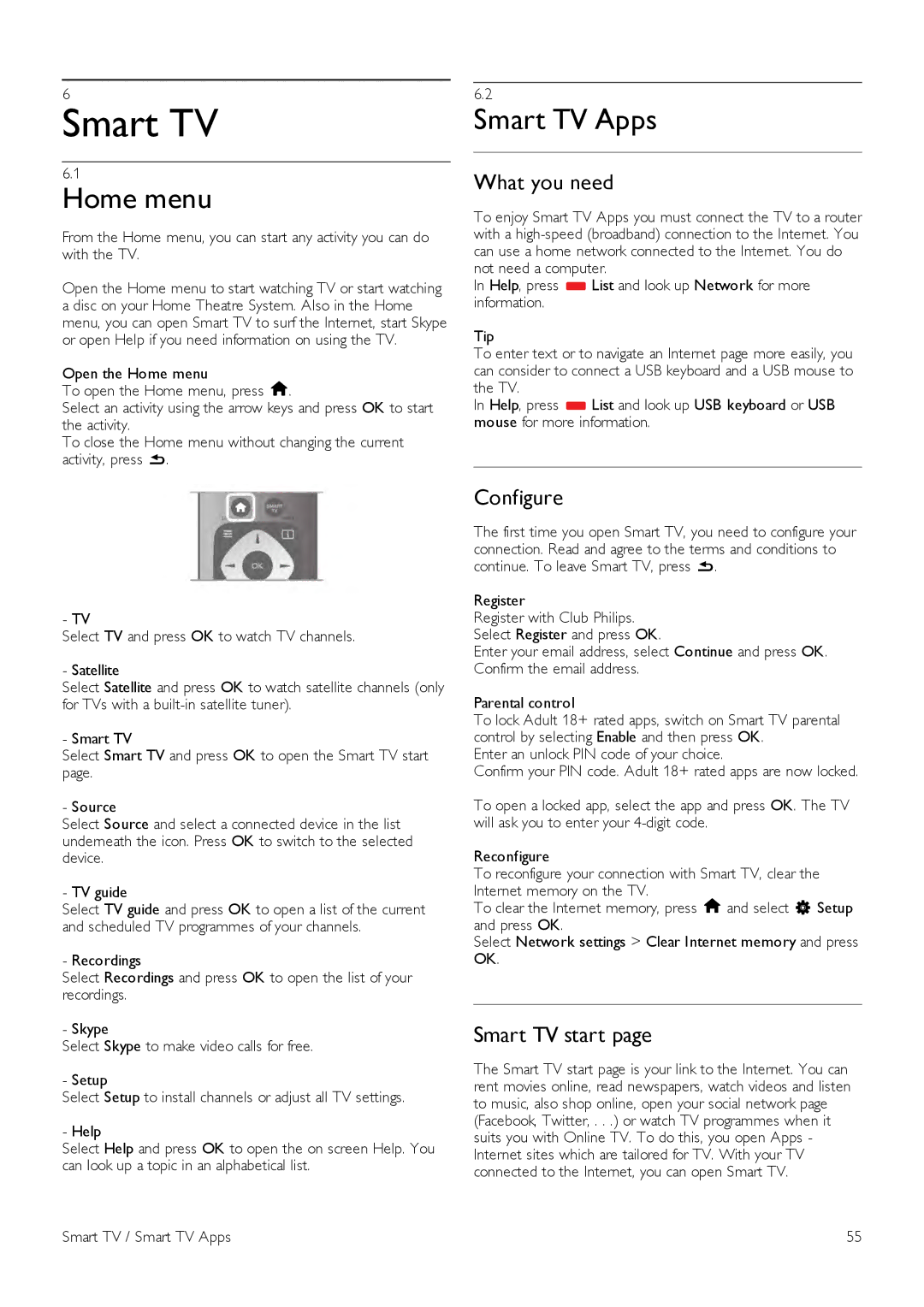 Philips 55PDL890, 46PDL890 user manual Home menu, Smart TV Apps, Configure, Smart TV start 