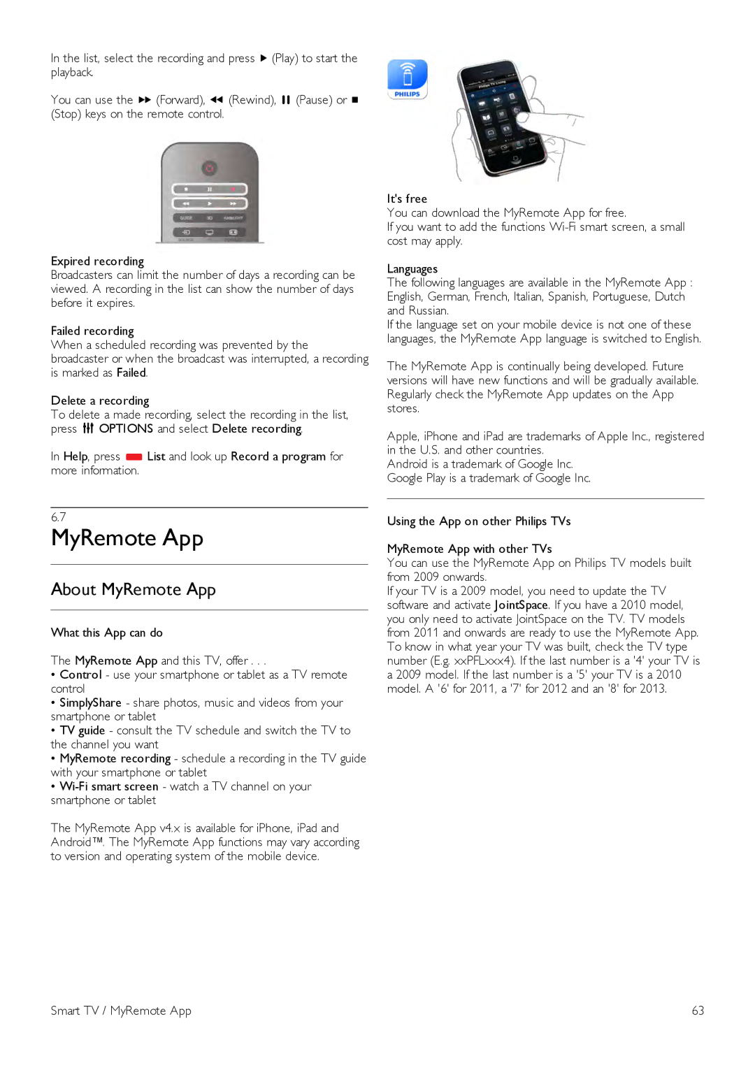 Philips 55PDL890, 46PDL890 user manual About MyRemote App, Smart TV / MyRemote App 