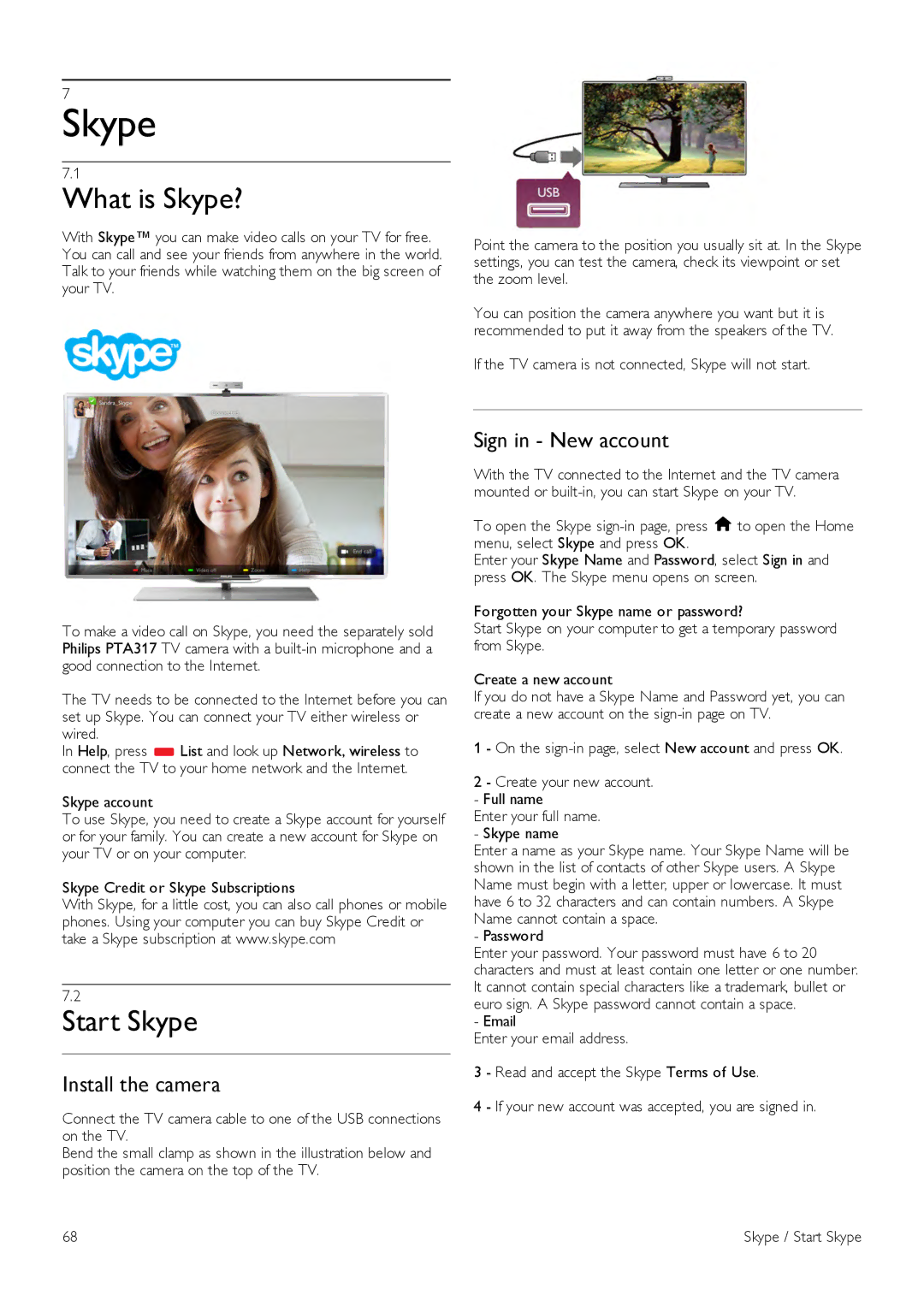 Philips 46PDL890, 55PDL890 user manual What is Skype?, Start Skype, Install the camera, Sign in New account 
