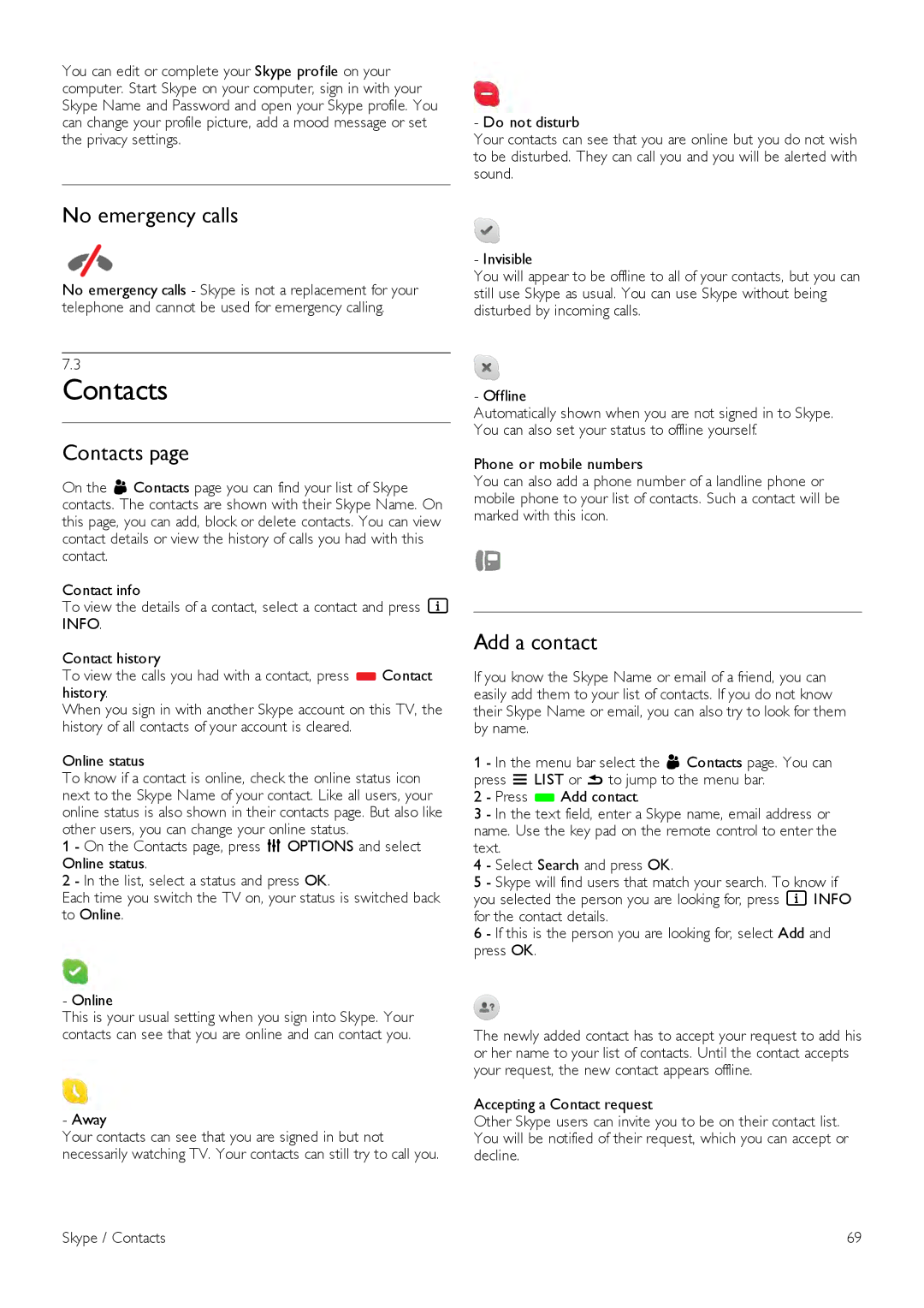 Philips 55PDL890, 46PDL890 user manual Contacts, No emergency calls, Add a contact, Away 