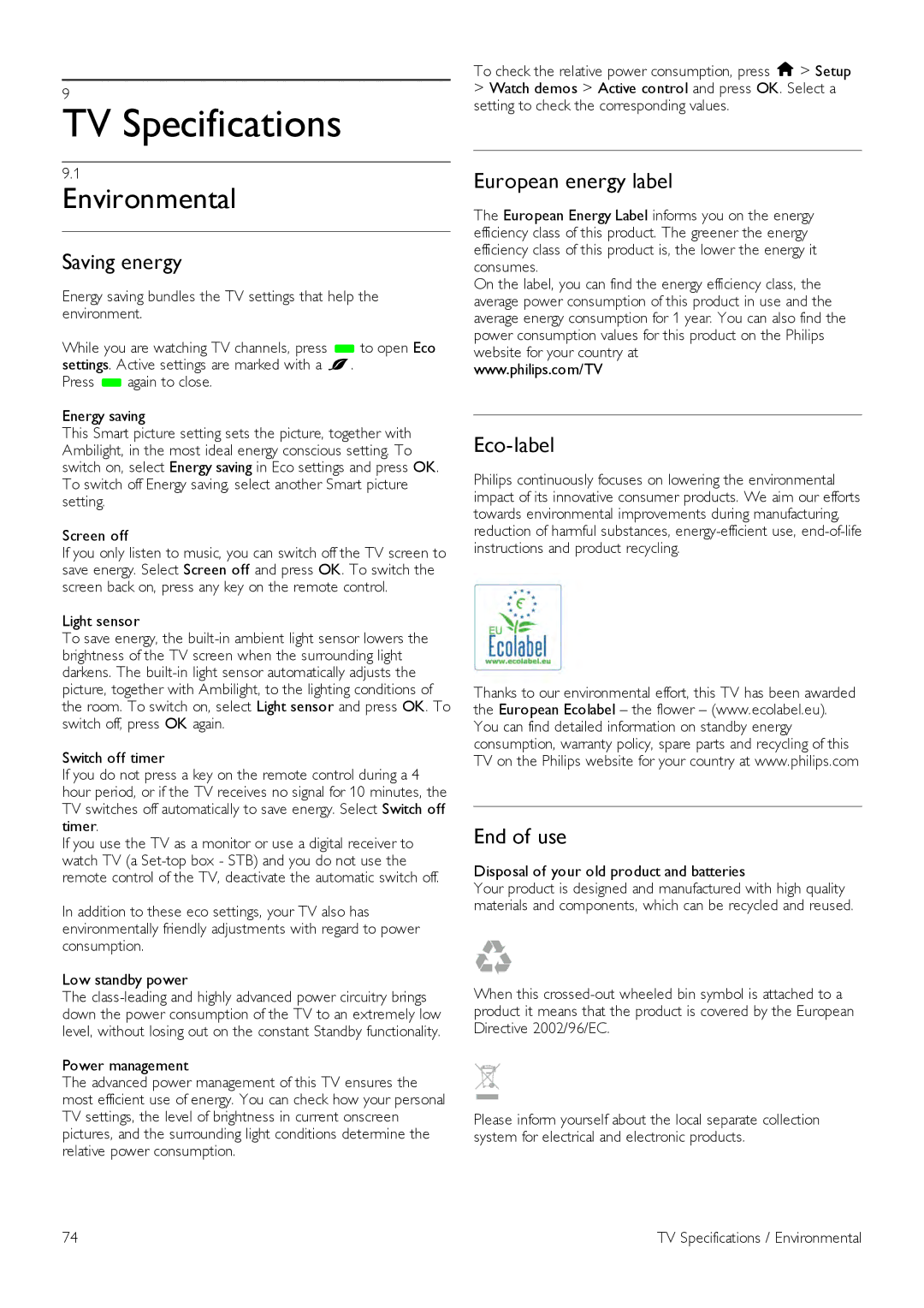 Philips 46PDL890, 55PDL890 user manual TV Specifications, Environmental 