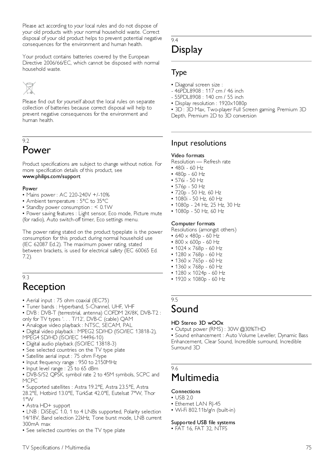 Philips 55PDL890, 46PDL890 user manual Power, Reception, Display, Sound, Multimedia 