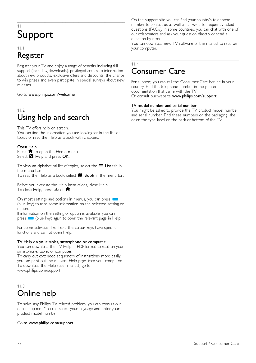 Philips 46PDL890, 55PDL890 user manual Support, Register, Using help and search, Online help, Consumer Care 