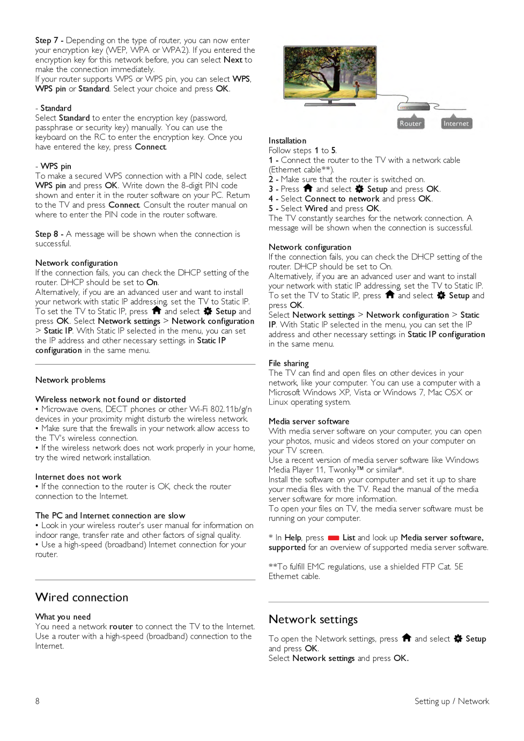 Philips 46PDL890, 55PDL890 user manual Wired connection, Network settings, Standard, WPS pin 