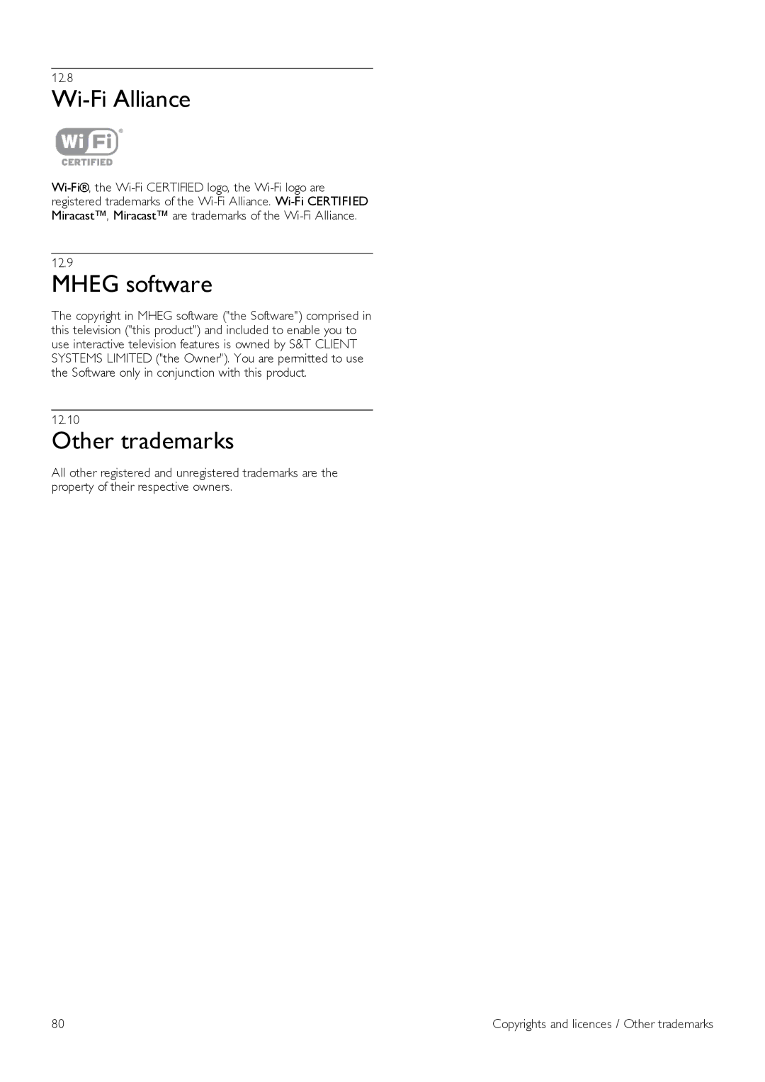 Philips 46PDL890, 55PDL890 user manual Wi-Fi Alliance, Mheg software, Other trademarks 