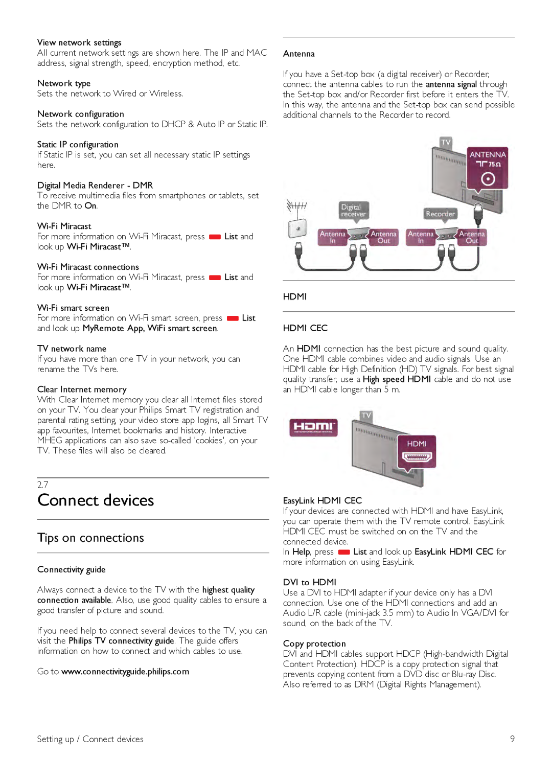 Philips 55PDL890, 46PDL890 Tips on connections, View network settings, Hdmi Hdmi CEC, Setting up / Connect devices 