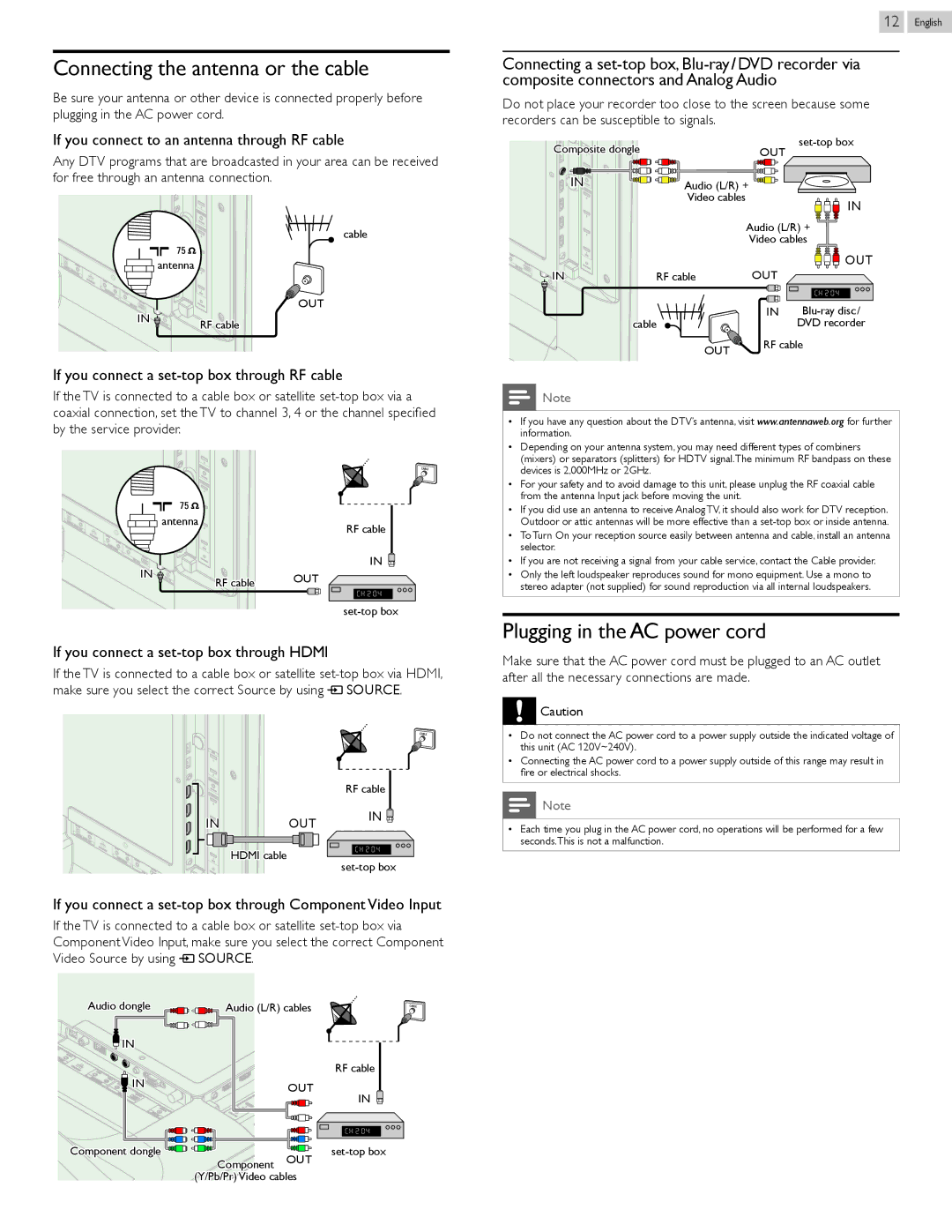 Philips 46PFL5907, 55PFL5907 user manual Connecting the antenna or the cable, Plugging in the AC power cord 