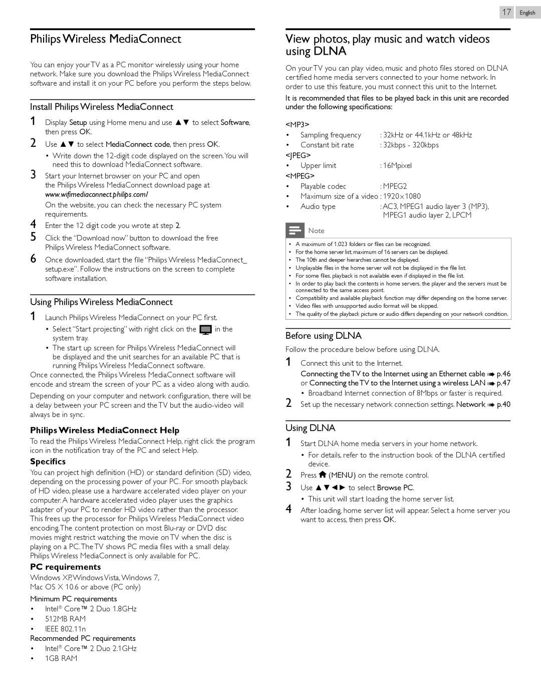 Philips 55PFL5907, 46PFL5907 user manual Philips Wireless MediaConnect, View photos, play music and watch videos using Dlna 