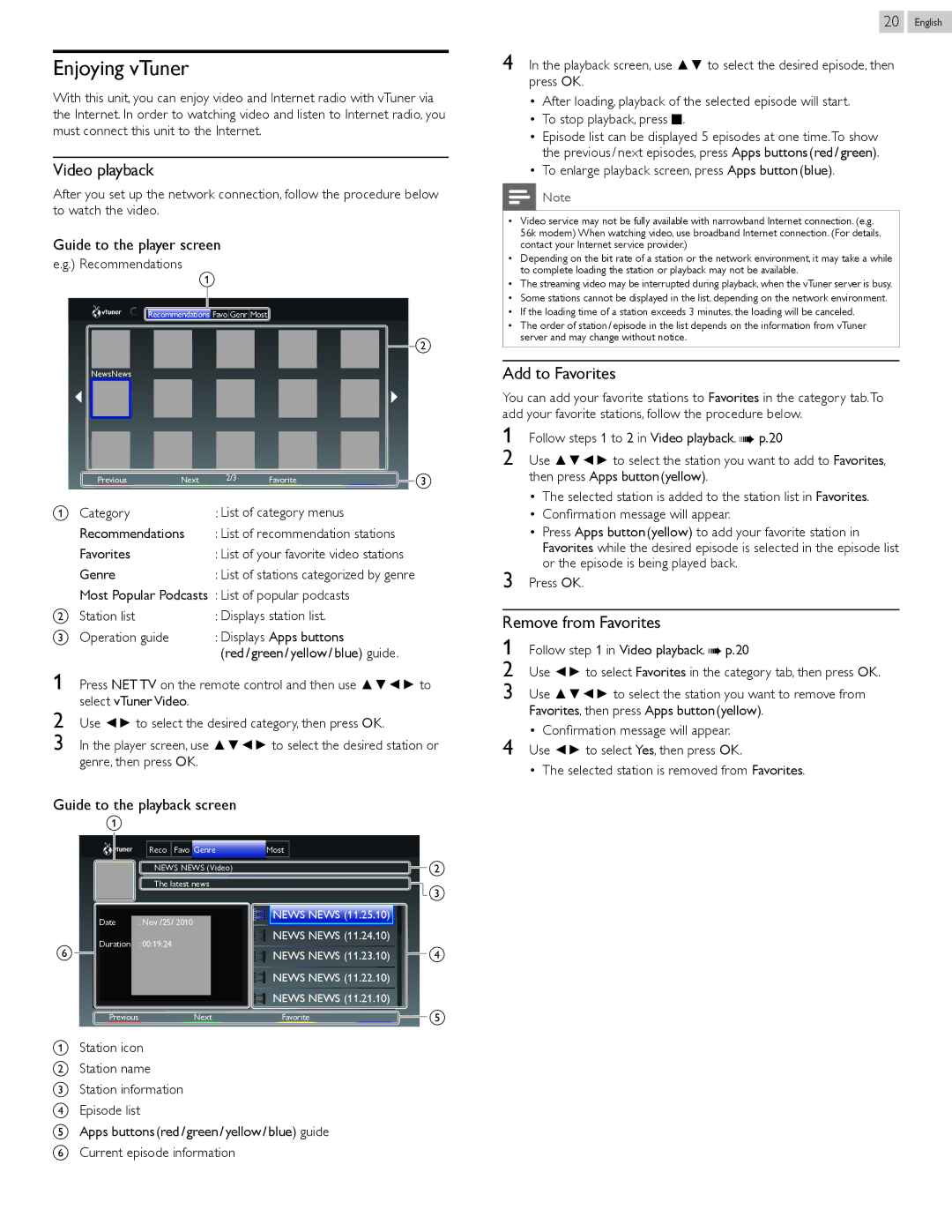 Philips 46PFL5907, 55PFL5907 user manual Enjoying vTuner, Video playback, Add to Favorites, Remove from Favorites 