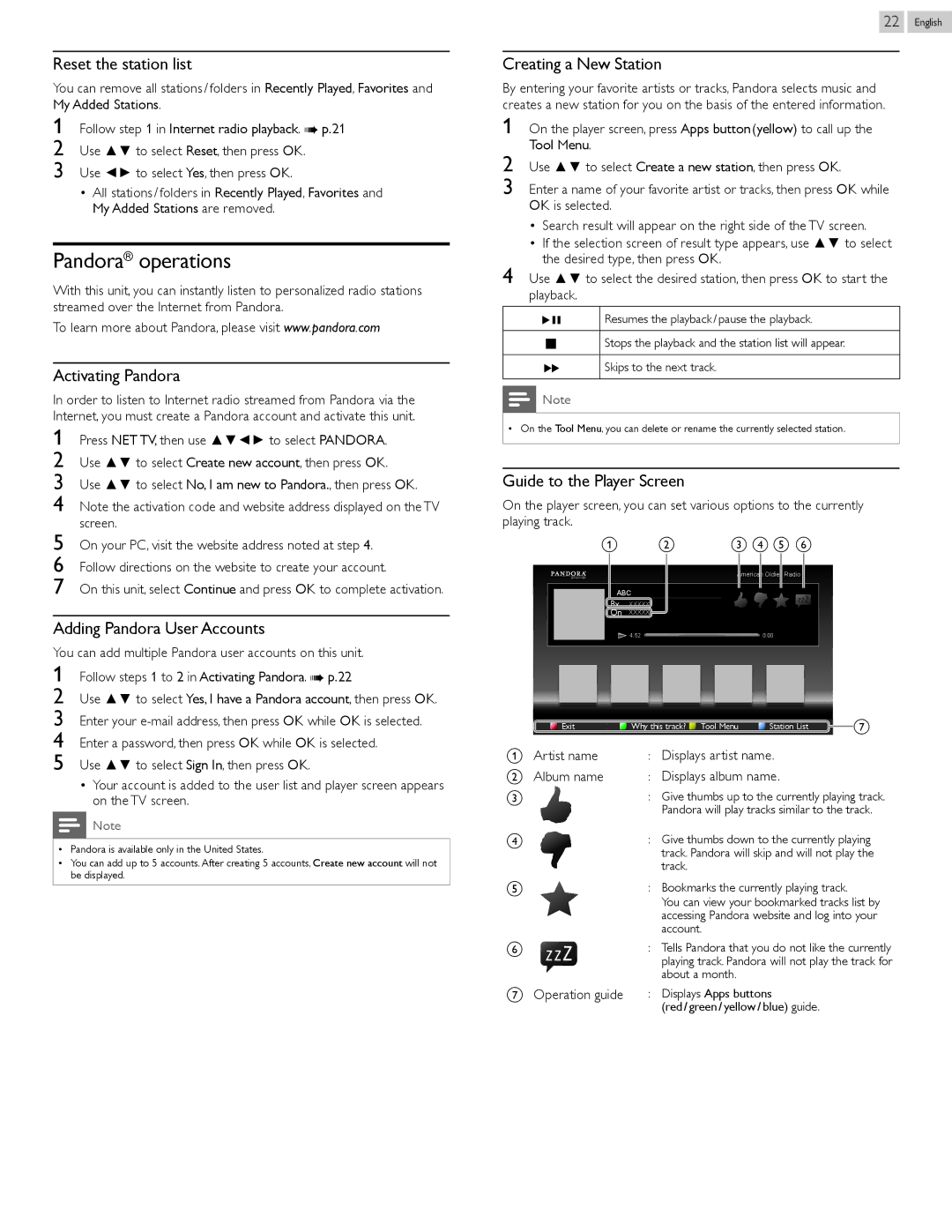 Philips 46PFL5907, 55PFL5907 user manual Pandora operations 