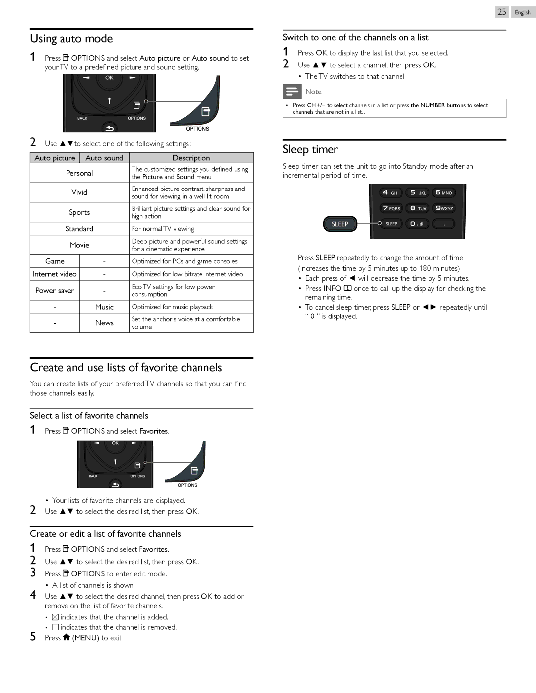 Philips 55PFL5907, 46PFL5907 user manual Using auto mode, Create and use lists of favorite channels, Sleep timer 