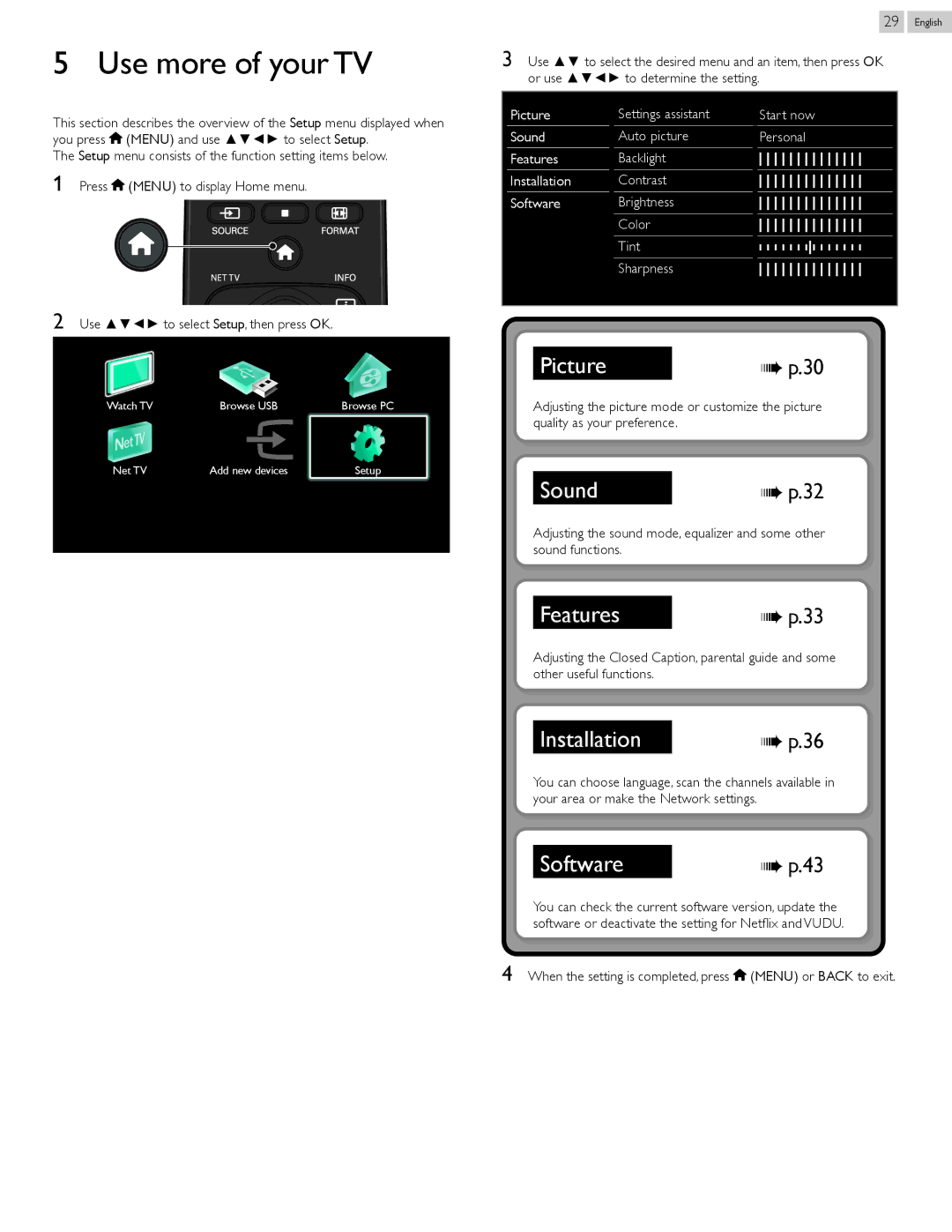 Philips 55PFL5907, 46PFL5907 user manual Use more of your TV, When the setting is completed, press Menu or Back to exit 