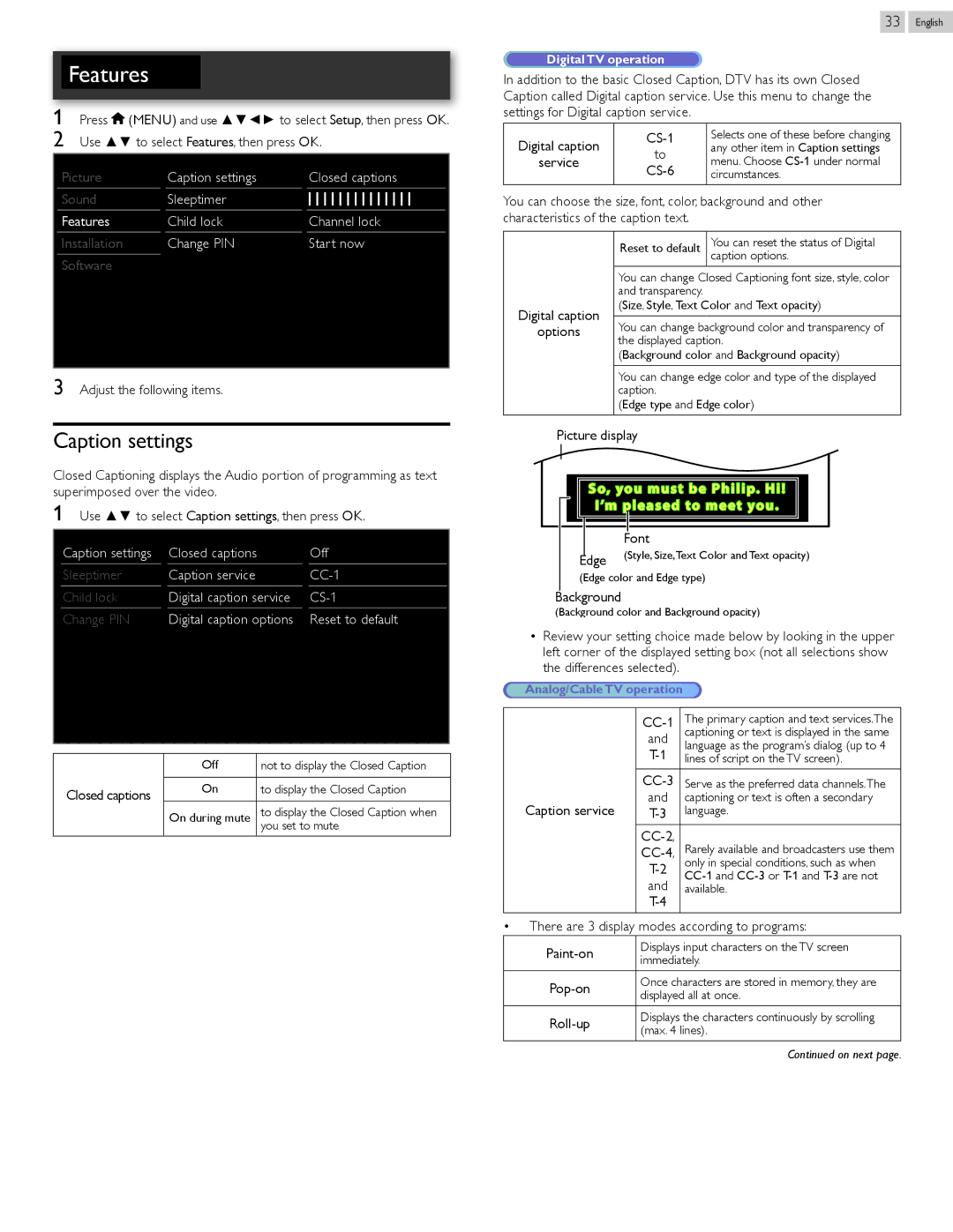 Philips 55PFL5907, 46PFL5907 user manual Caption settings 