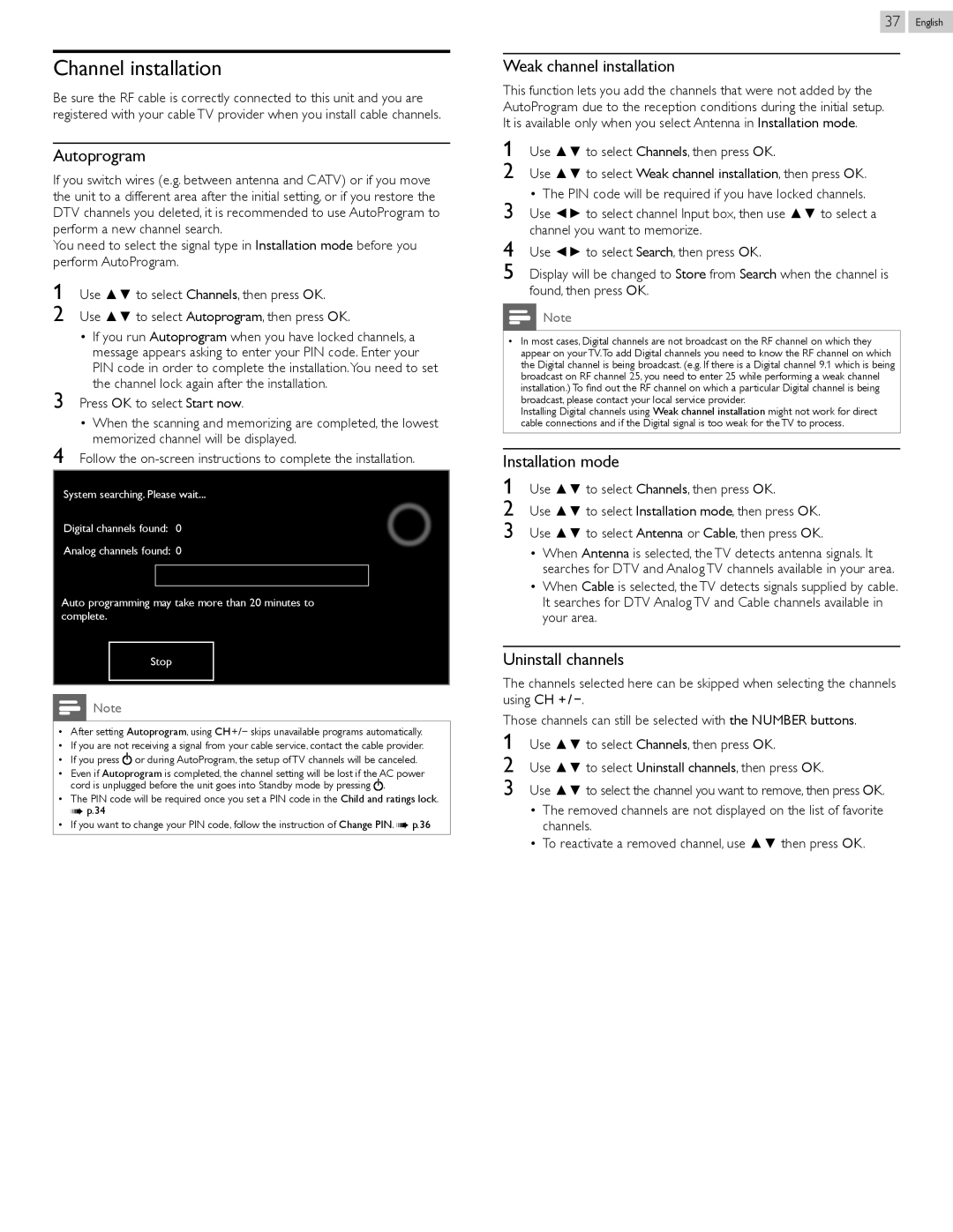 Philips 55PFL5907 Channel installation, Autoprogram, Weak channel installation, Installation mode, Uninstall channels 