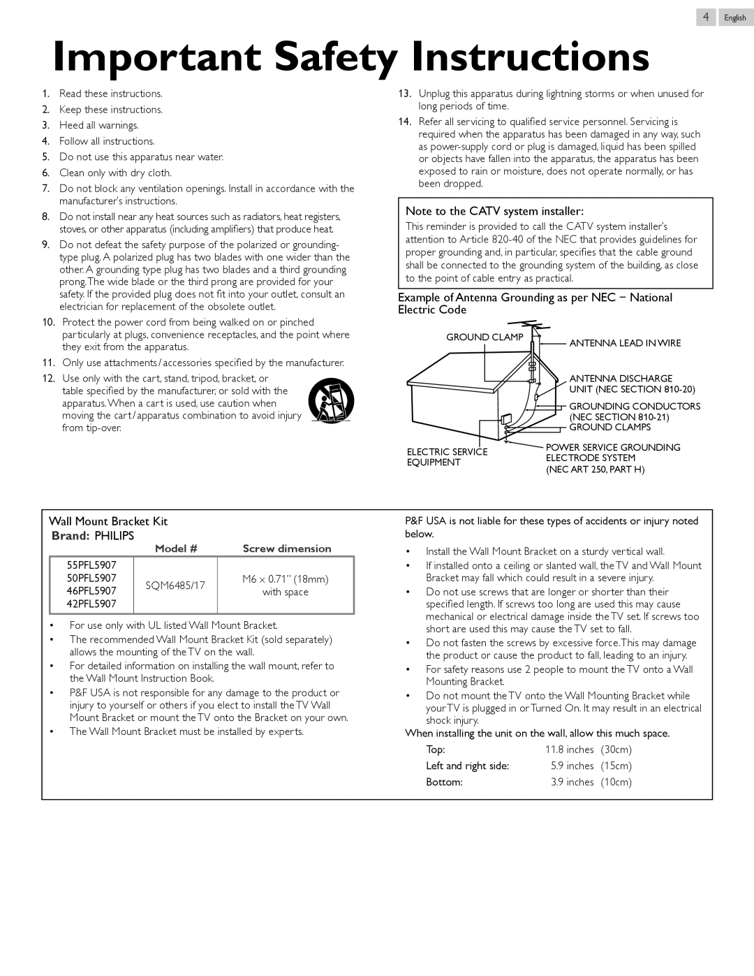 Philips 46PFL5907, 55PFL5907 user manual Wall Mount Bracket Kit 