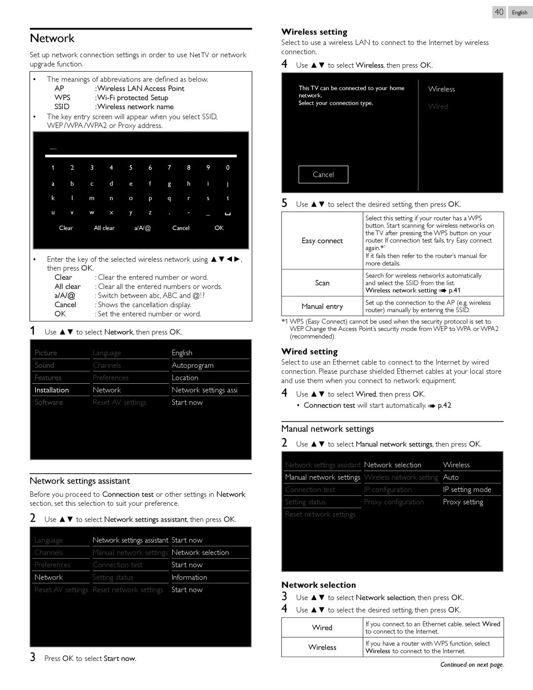 Philips 46PFL5907, 55PFL5907 user manual Network settings assistant, Manual network settings, Wps, Ssid 