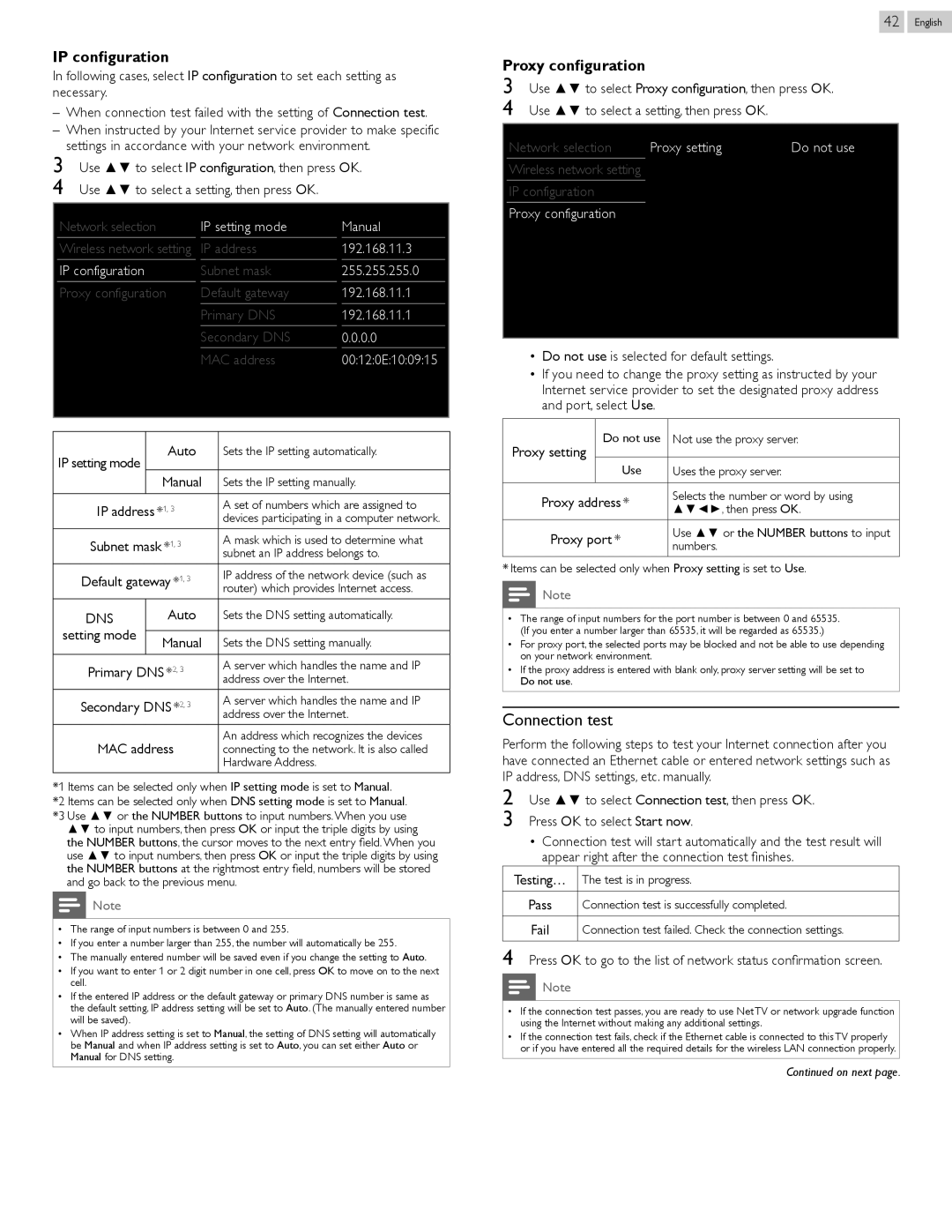 Philips 46PFL5907, 55PFL5907 user manual Connection test, Proxy configuration, IP configuration 