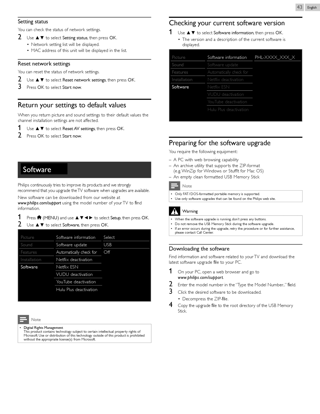 Philips 55PFL5907, 46PFL5907 user manual Checking your current software version, Return your settings to default values 