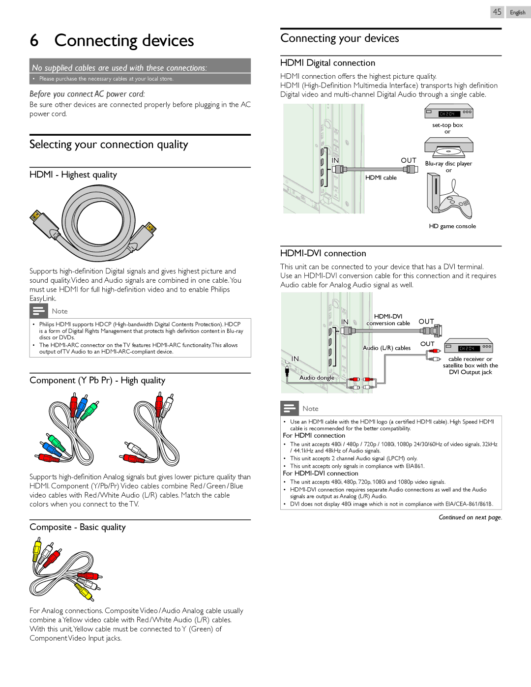 Philips 55PFL5907, 46PFL5907 user manual Connecting devices, Selecting your connection quality, Connecting your devices 