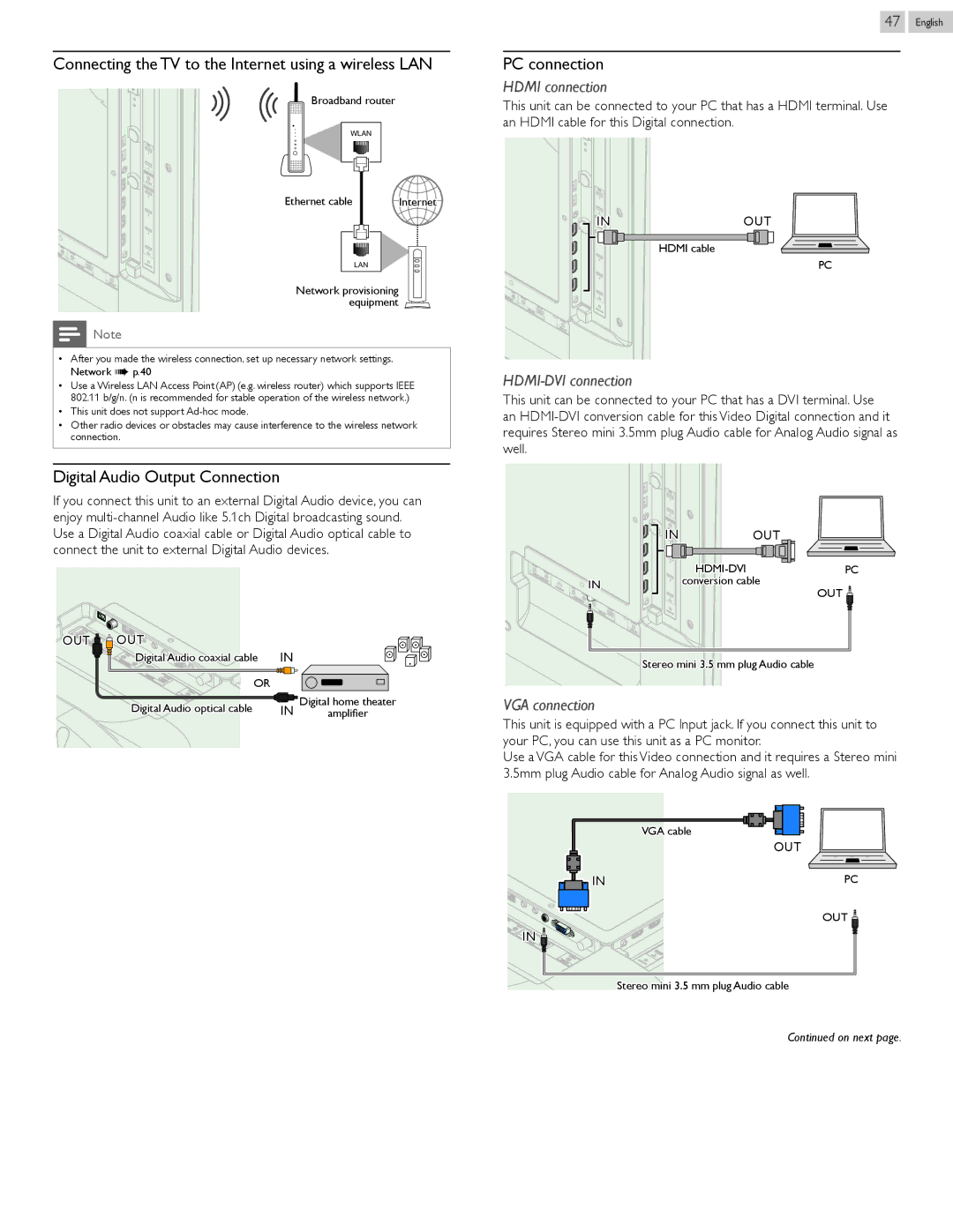 Philips 55PFL5907 Connecting the TV to the Internet using a wireless LAN, PC connection, Digital Audio Output Connection 