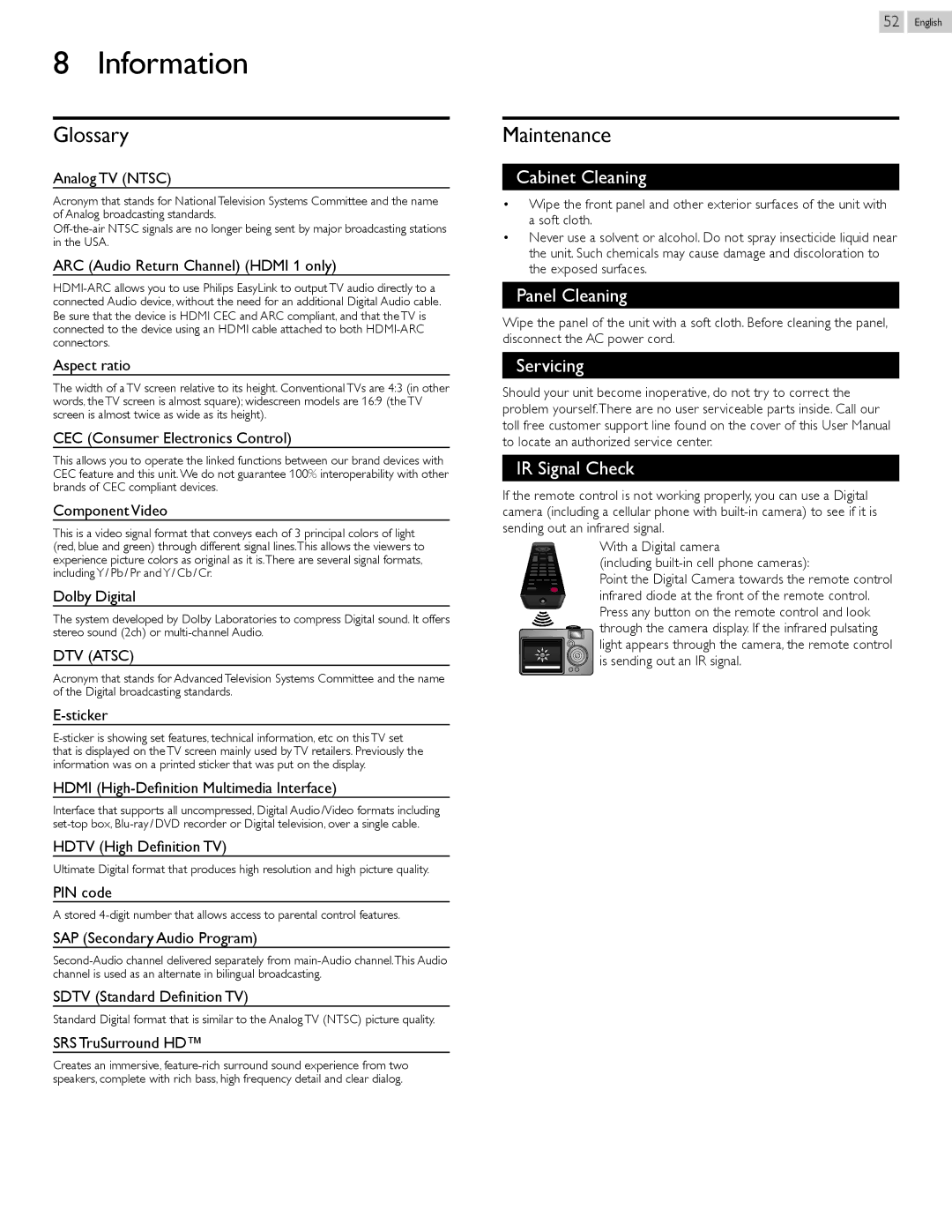 Philips 46PFL5907, 55PFL5907 user manual Information, Glossary, Maintenance 