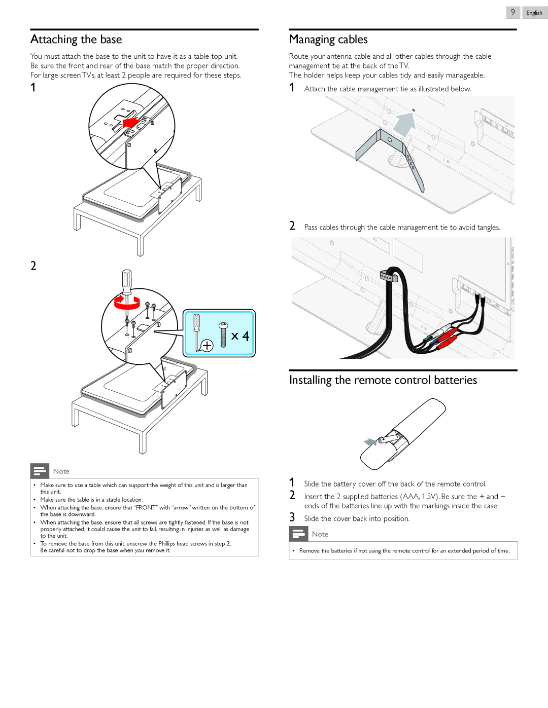 Philips 55PFL5907, 46PFL5907 user manual Attaching the base, Managing cables, Installing the remote control batteries 