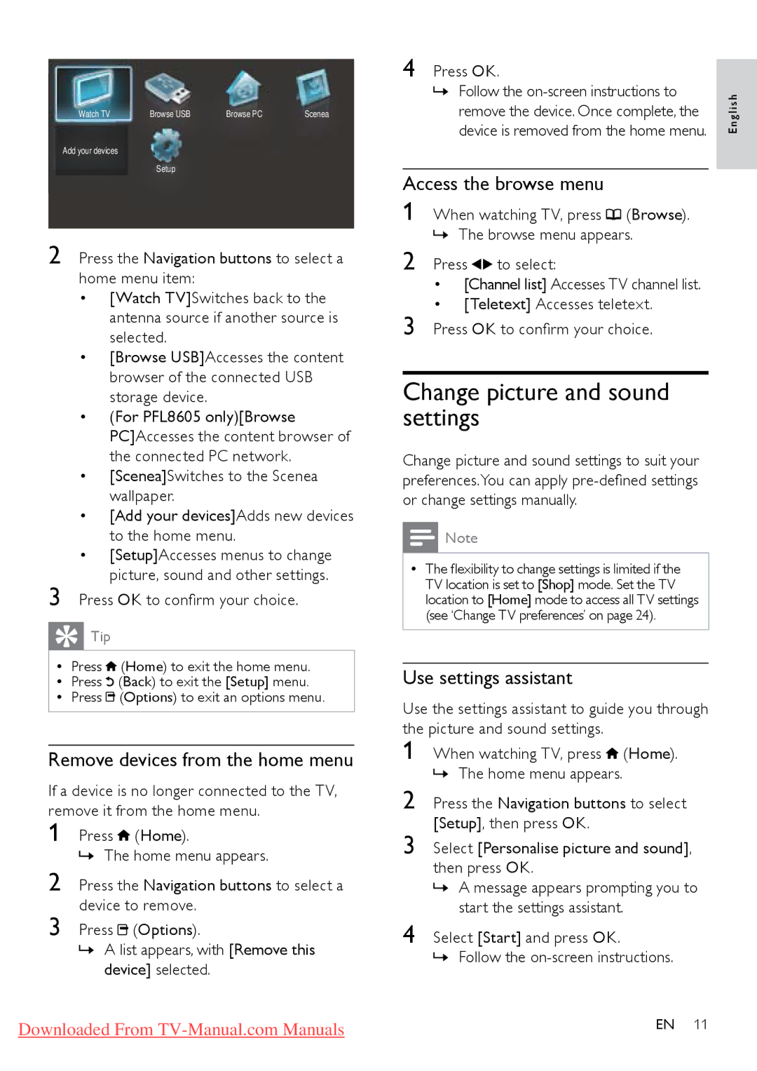 Philips 40PFL6605S/98 Change picture and sound settings, Remove devices from the home menu, Access the browse menu 