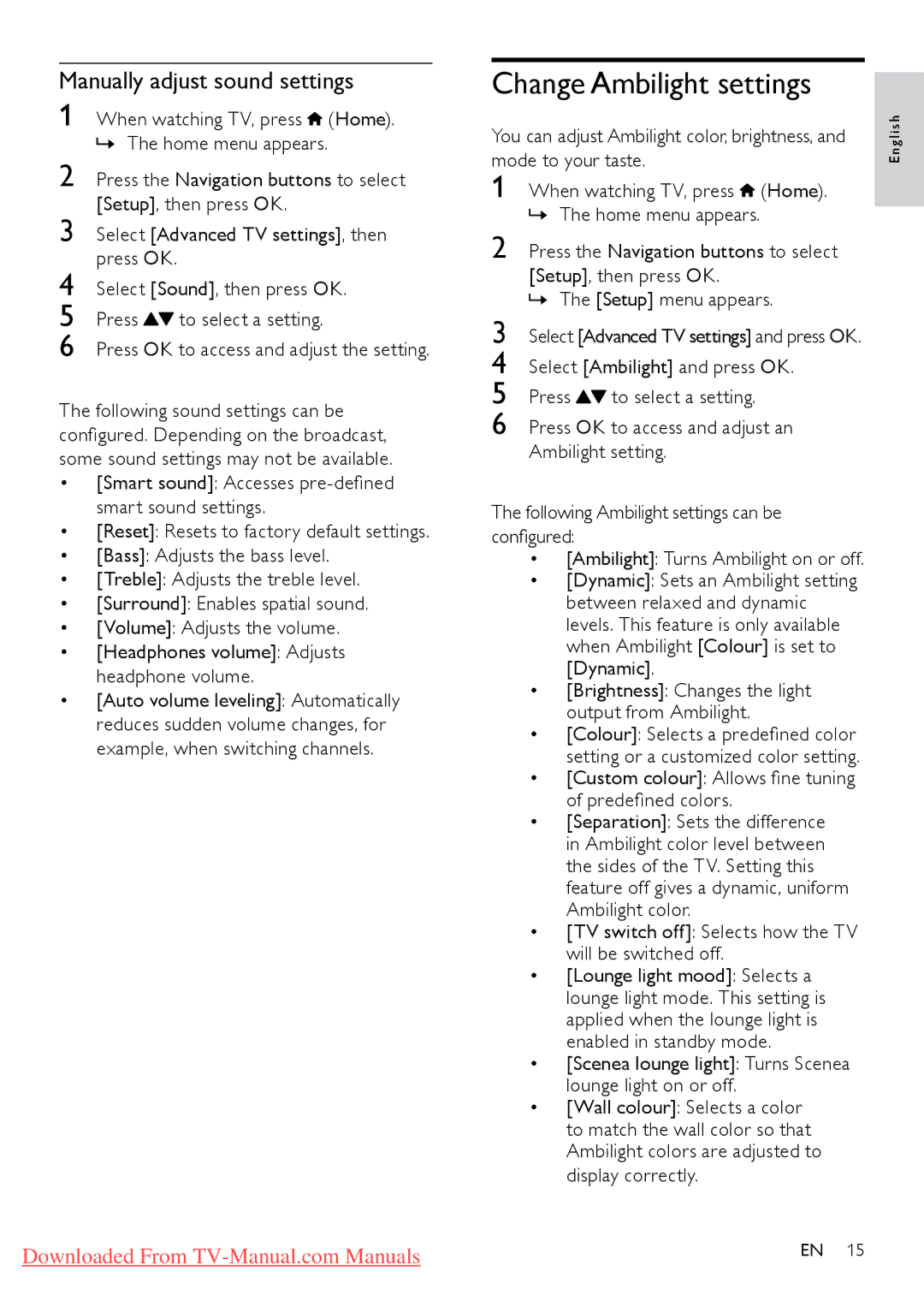 Philips 42PFL8605 /98, 46PFL8605S/98, 42PFL8605S/98, 40PFL6605S/98 Change Ambilight settings, Manually adjust sound settings 