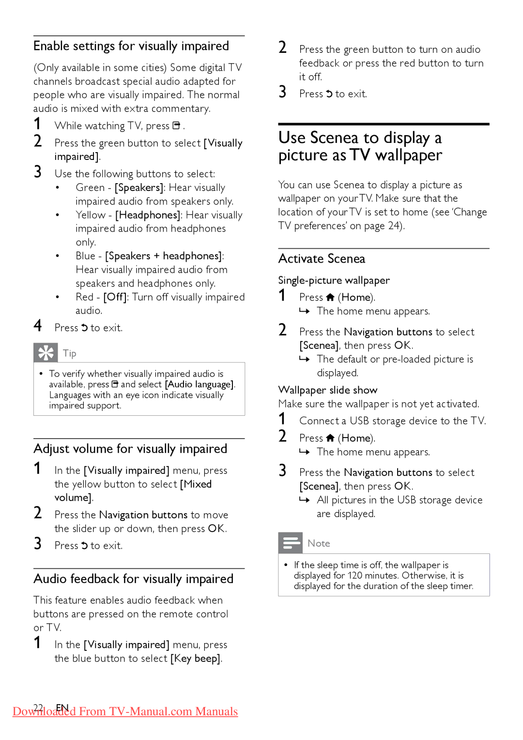 Philips 46PFL6605S/98 Enable settings for visually impaired, Adjust volume for visually impaired, Activate Scenea 