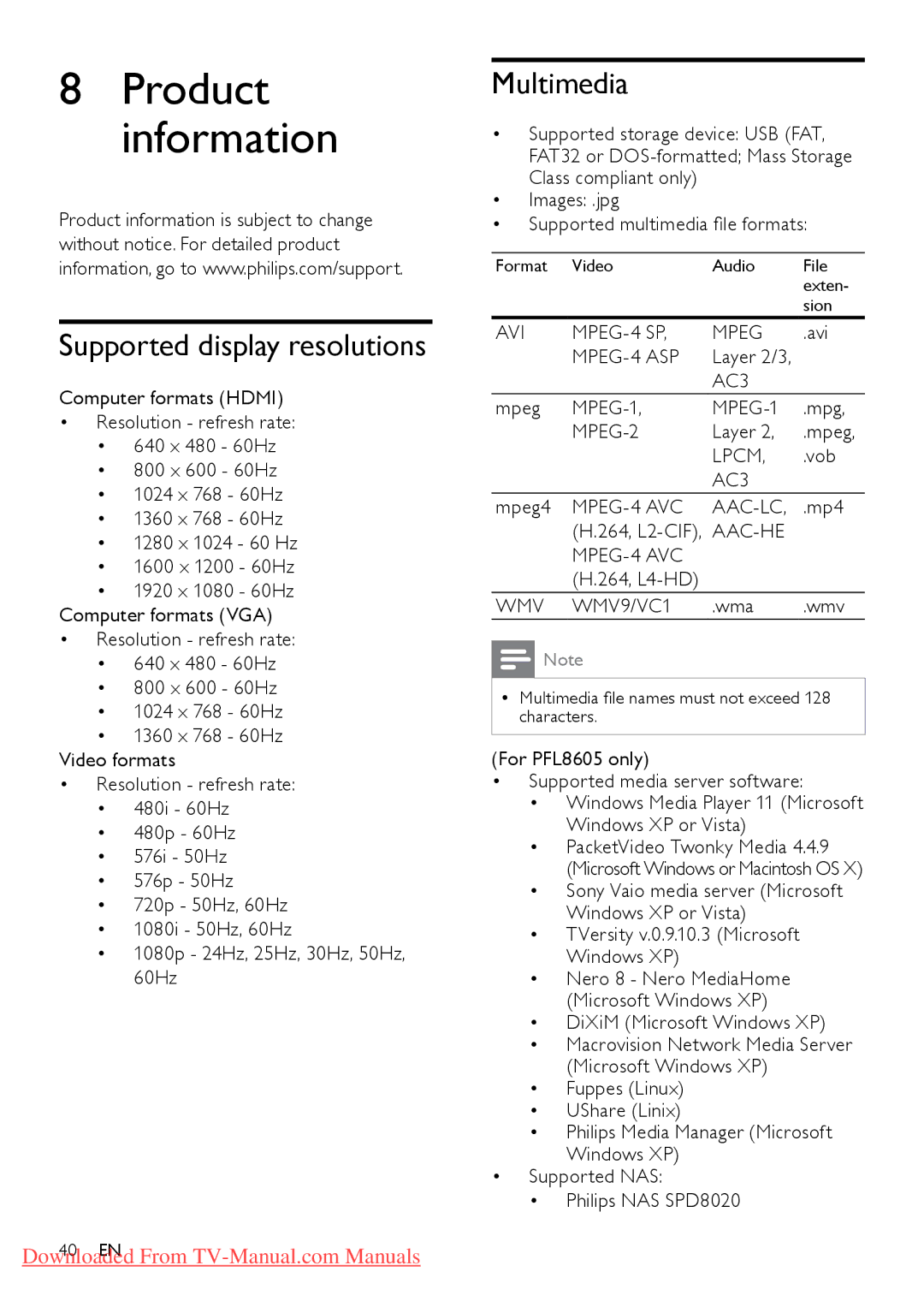 Philips 42PFL8605S/98, 46PFL8605S/98, 40PFL6605S/98 Product information, Supported display resolutions, Multimedia 