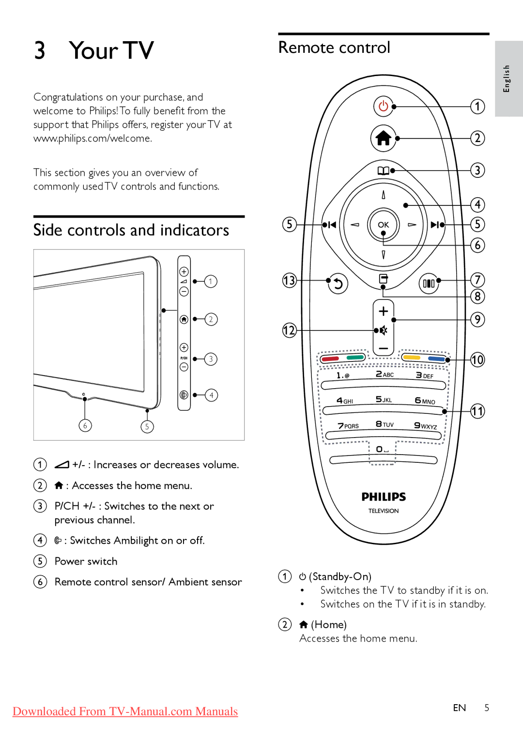 Philips 42PFL8605 /98, 46PFL8605S/98, 42PFL8605S/98, 40PFL6605S/98 Your TV, Side controls and indicators, Remote control 