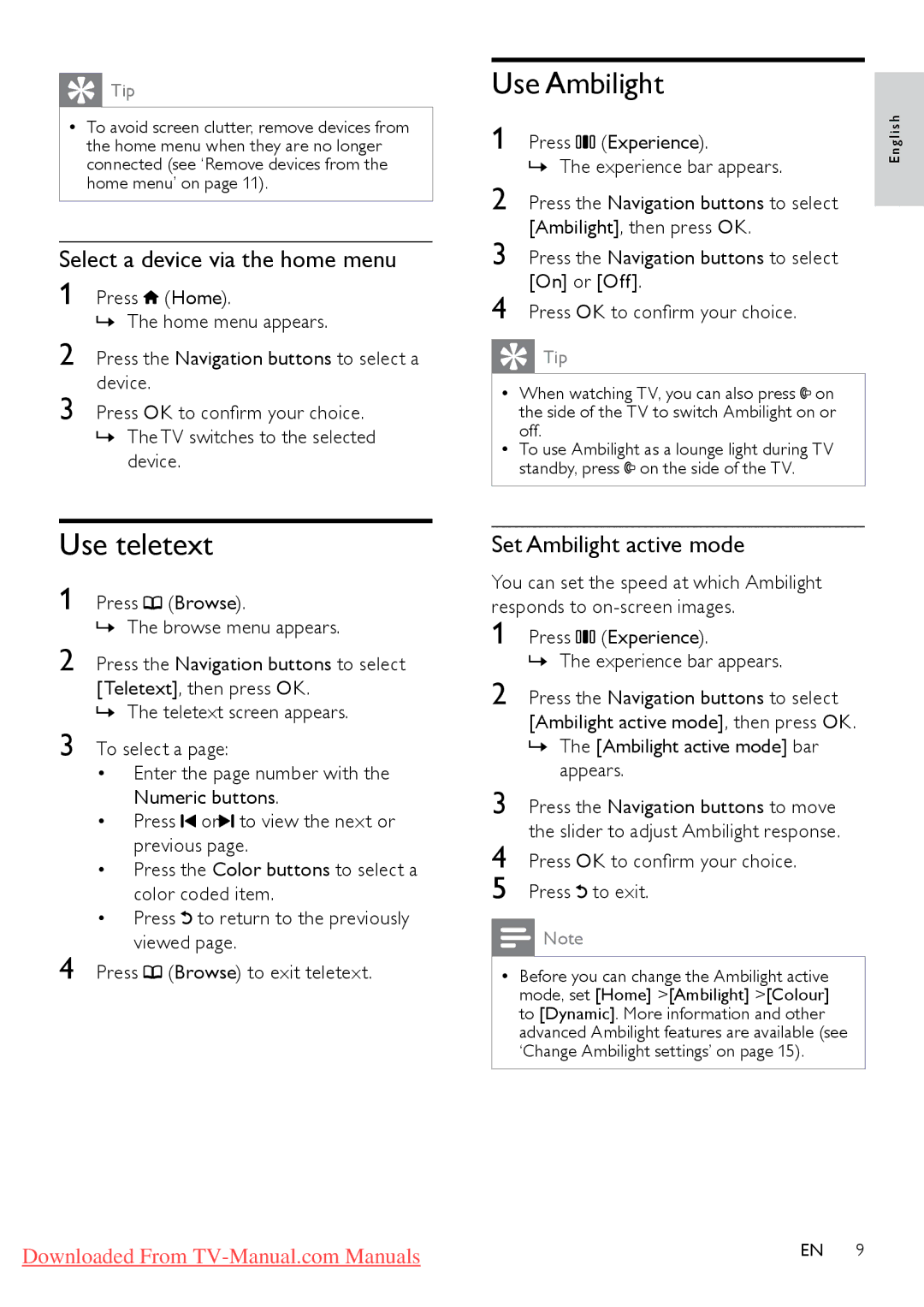 Philips 46PFL8605S/98 user manual Use Ambilight, Use teletext, Select a device via the home menu, Set Ambilight active mode 