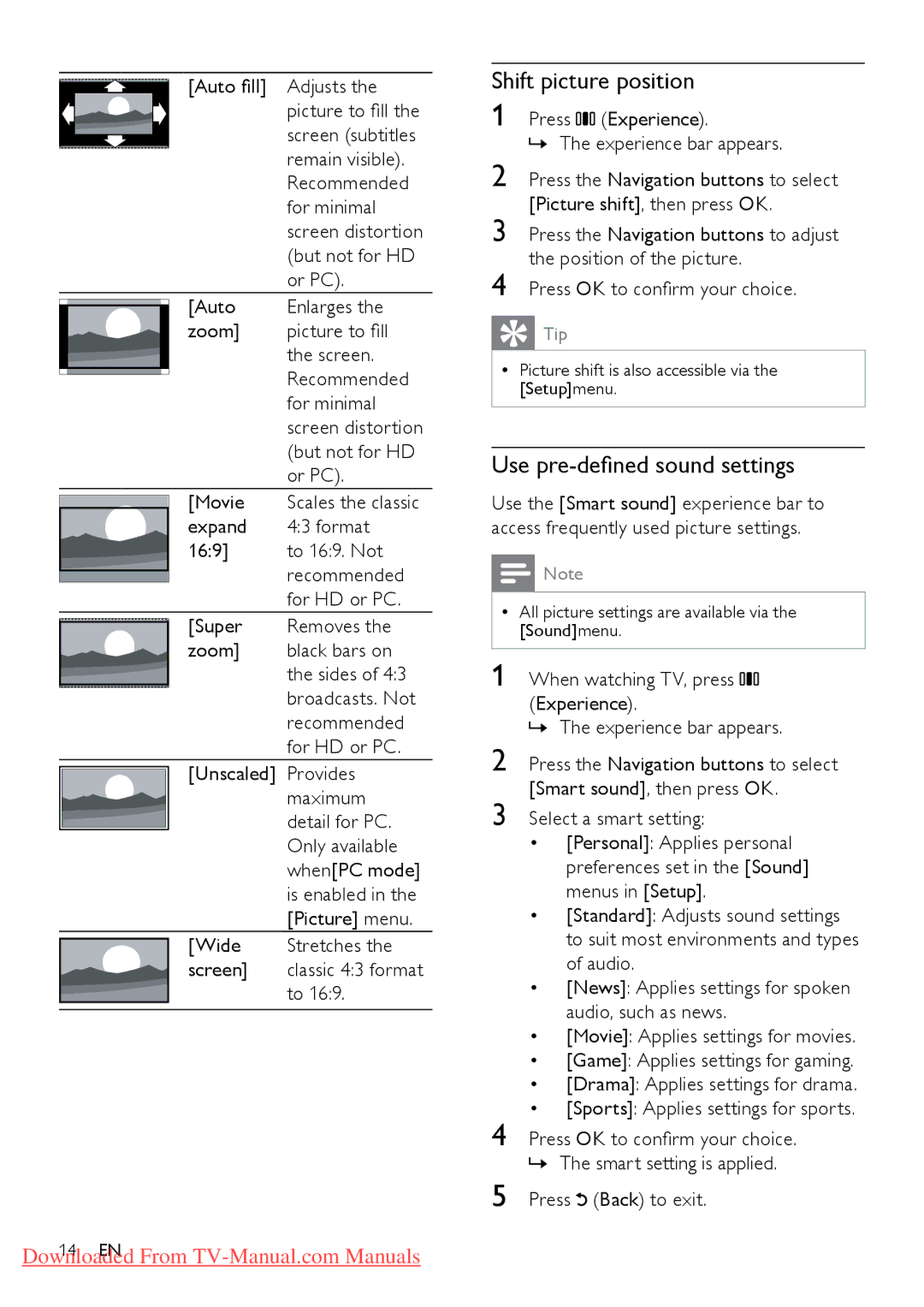 Philips 46PFL6605 /98, 46PFL8605S/98, 42PFL8605S/98, 40PFL6605S/98 Shift picture position, Use pre-defined sound settings 