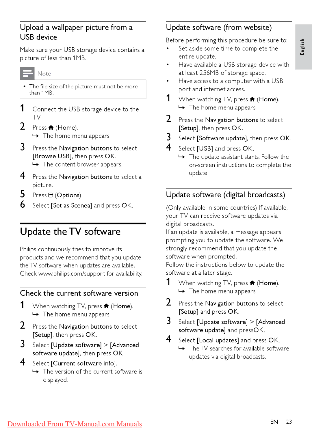 Philips 52PFL8605S/98 Update the TV software, Upload a wallpaper picture from a USB device, Update software from website 