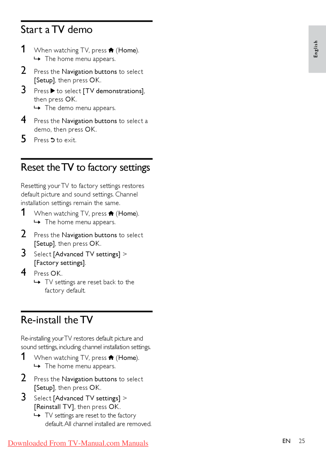 Philips 42PFL8605 /98, 46PFL8605S/98, 42PFL8605S/98 Start a TV demo, Reset theTV to factory settings, Re-install the TV 