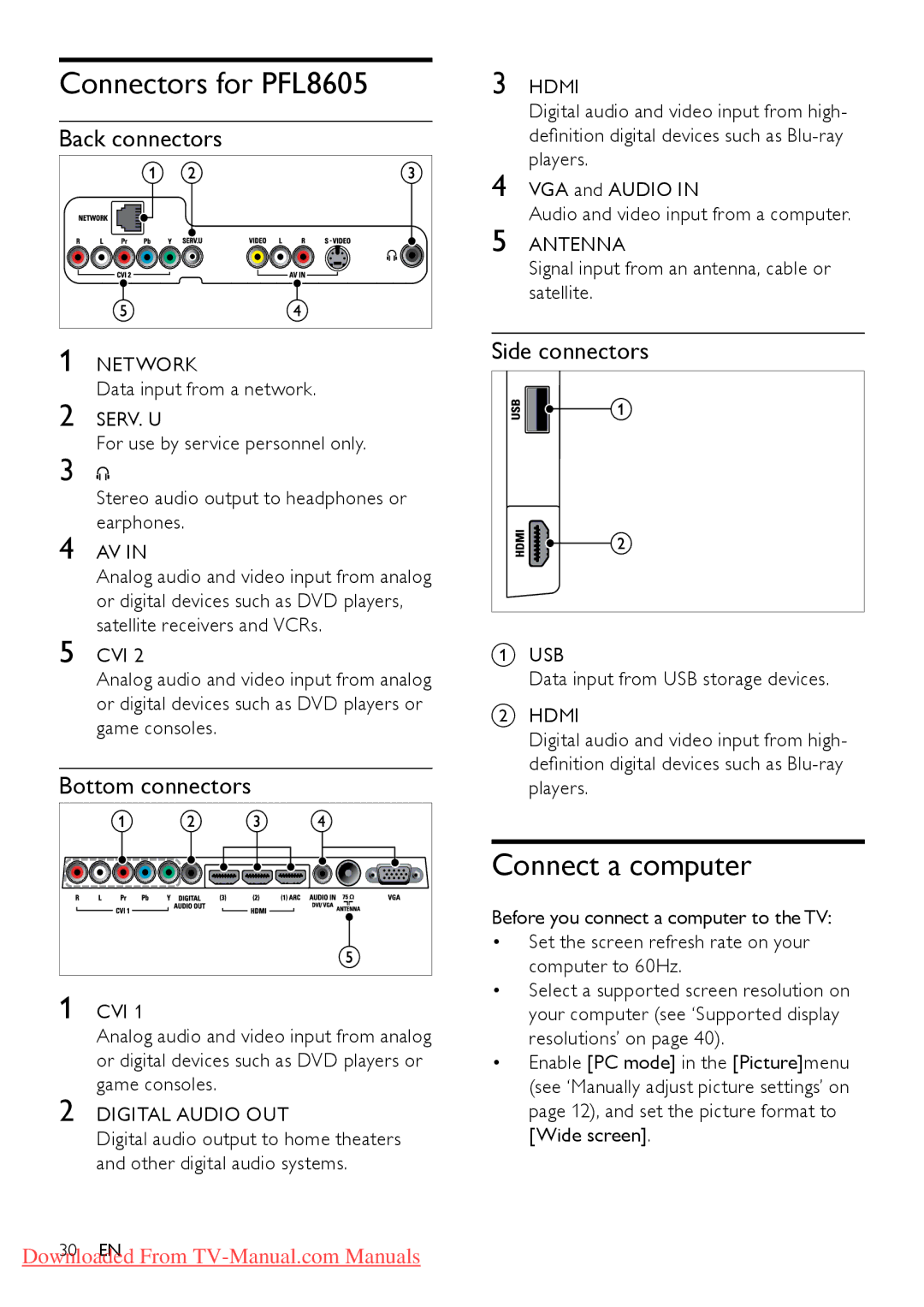 Philips 42PFL8605S/98, 46PFL8605S/98 Connectors for PFL8605, Connect a computer, Data input from a network, Earphones 