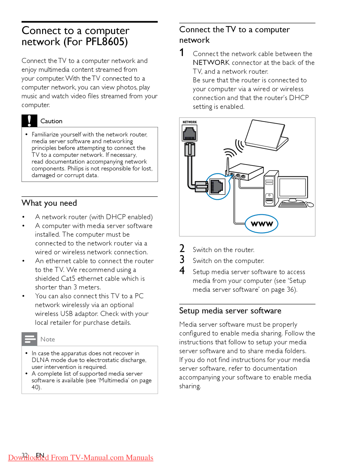 Philips 46PFL6605S/98, 46PFL8605S/98 What you need, Connect the TV to a computer network, Setup media server software 