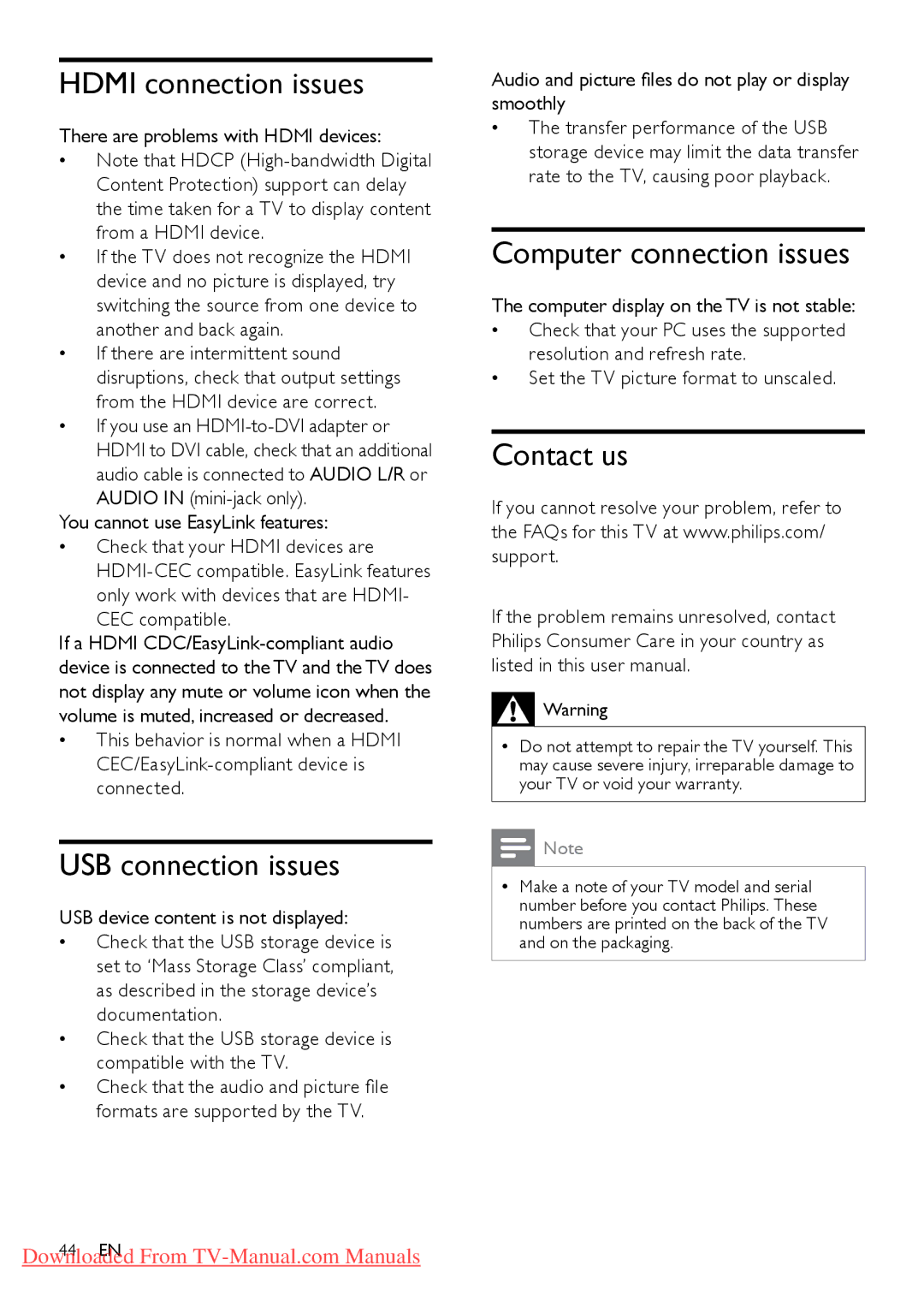 Philips 46PFL6605 /98, 46PFL8605S/98 Hdmi connection issues, USB connection issues, Computer connection issues, Contact us 