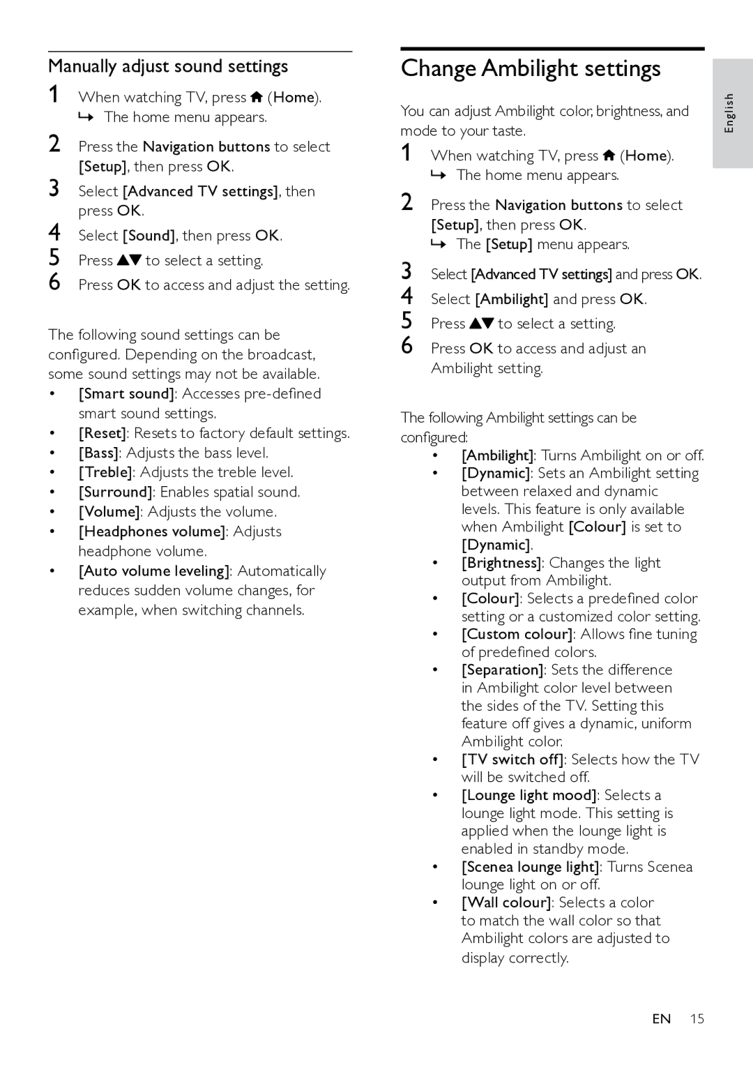 Philips 46PFL6605S/98, 46PFL8605S/98, 46PFL8605/98, 42PFL8605S/98 Change Ambilight settings, Manually adjust sound settings 