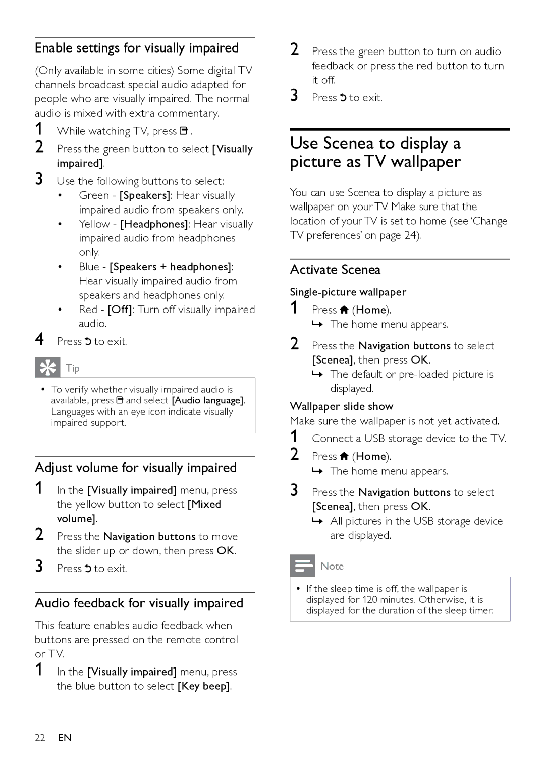 Philips 42PFL8605/98 Enable settings for visually impaired, Adjust volume for visually impaired, Activate Scenea 