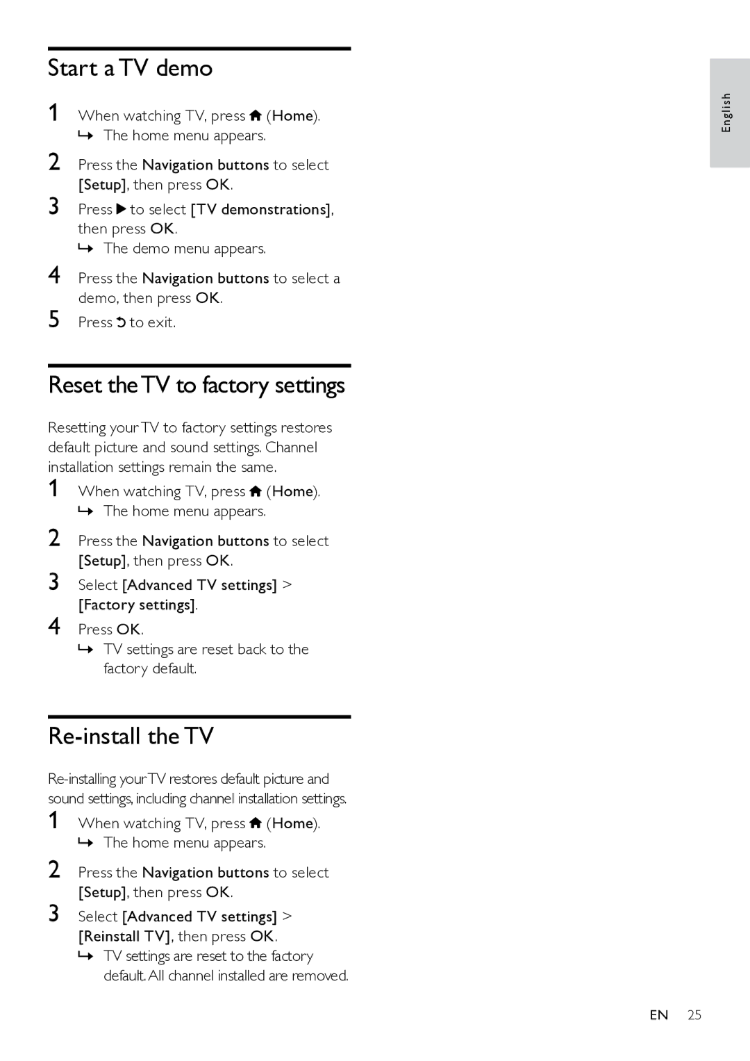 Philips 46PFL6605S/98, 46PFL8605S/98, 46PFL8605/98 Start a TV demo, Reset theTV to factory settings, Re-install the TV 