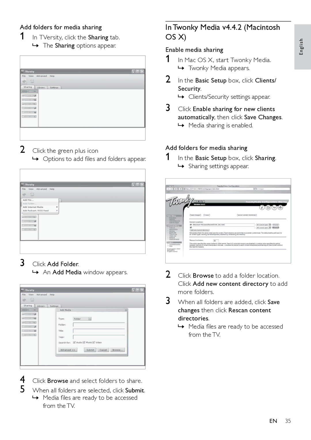 Philips 46PFL6605S/98, 46PFL8605S/98 Twonky Media v4.4.2 Macintosh OS, Add folders for media sharing, From the TV 