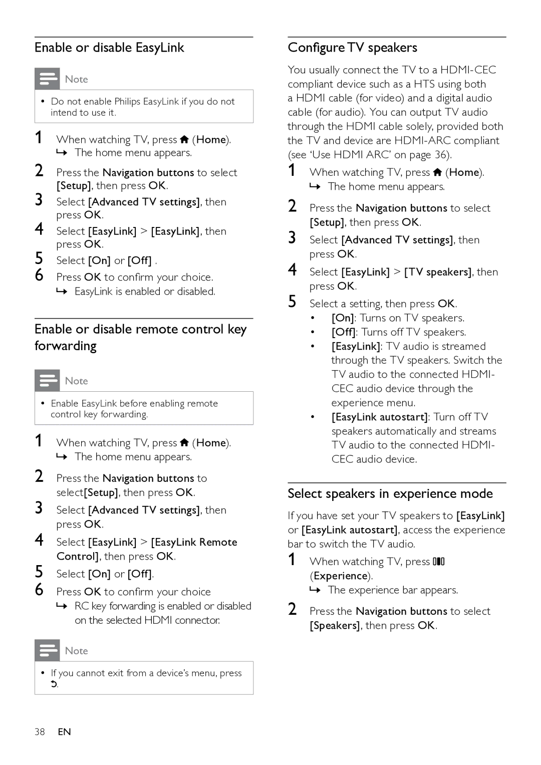 Philips 52PFL8605/98 Enable or disable EasyLink, Enable or disable remote control key forwarding, Configure TV speakers 