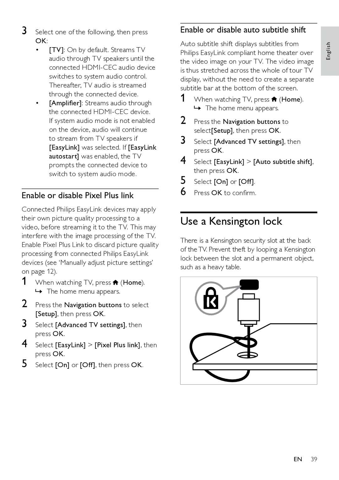 Philips 46PFL8605S/98 Use a Kensington lock, Enable or disable Pixel Plus link, Enable or disable auto subtitle shift 