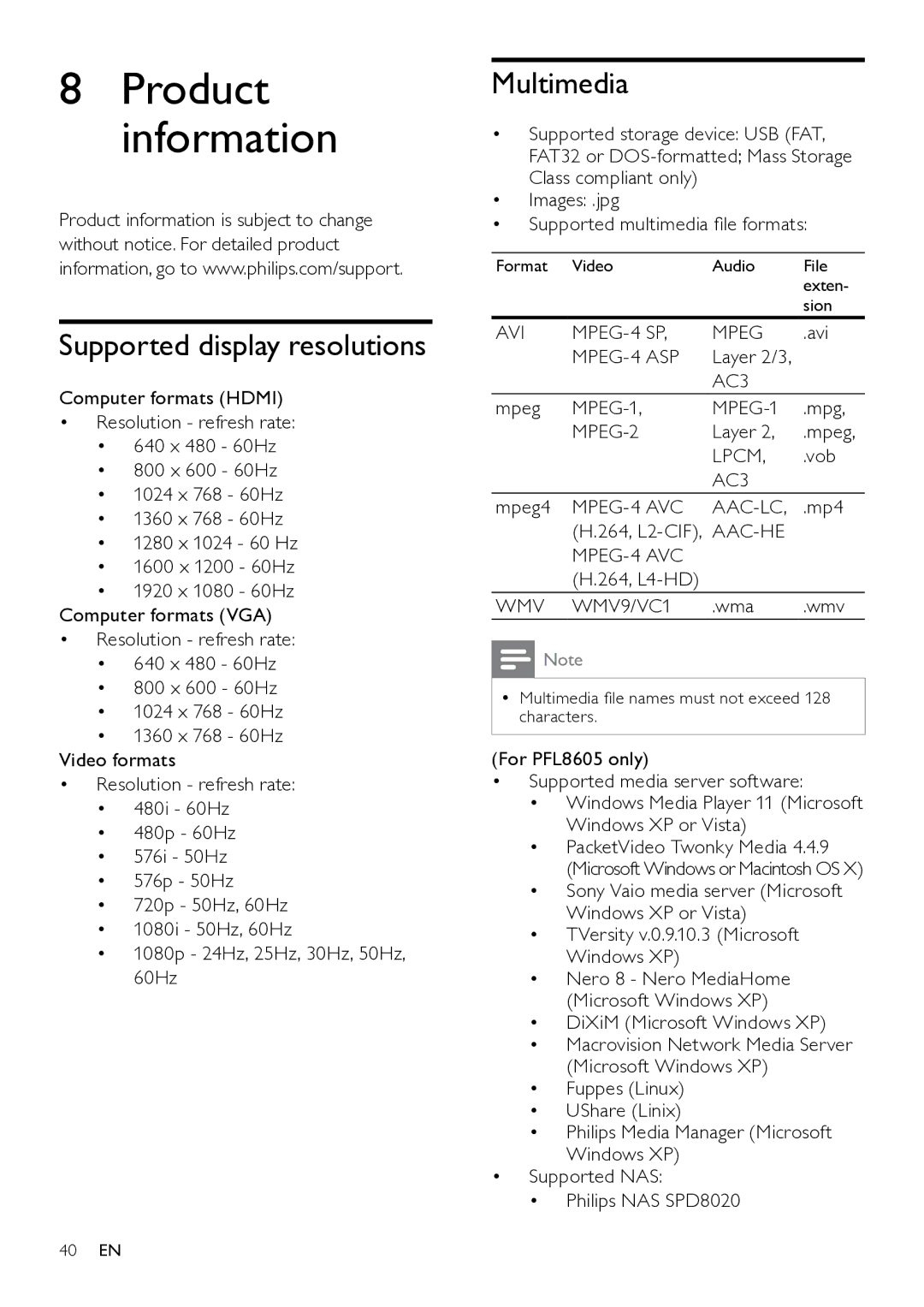 Philips 46PFL8605/98, 46PFL8605S/98, 42PFL8605S/98 user manual Product information, Supported display resolutions, Multimedia 