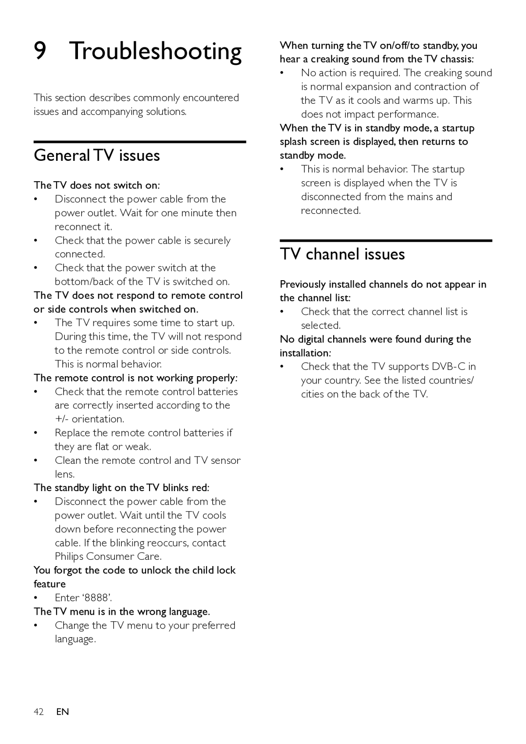Philips 42PFL8605/98, 46PFL8605S/98, 46PFL8605/98, 42PFL8605S/98 Troubleshooting, General TV issues, TV channel issues 
