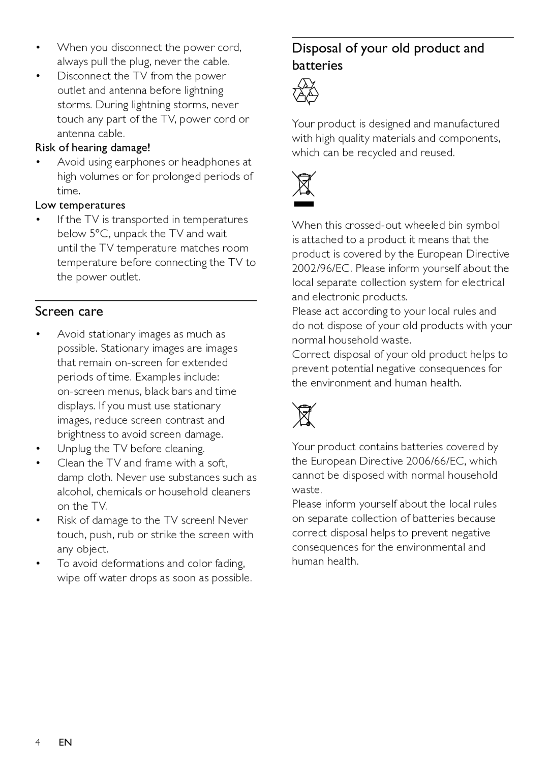 Philips 40PFL6605/98, 46PFL8605S/98, 46PFL8605/98, 42PFL8605S/98 Screen care, Disposal of your old product and batteries 