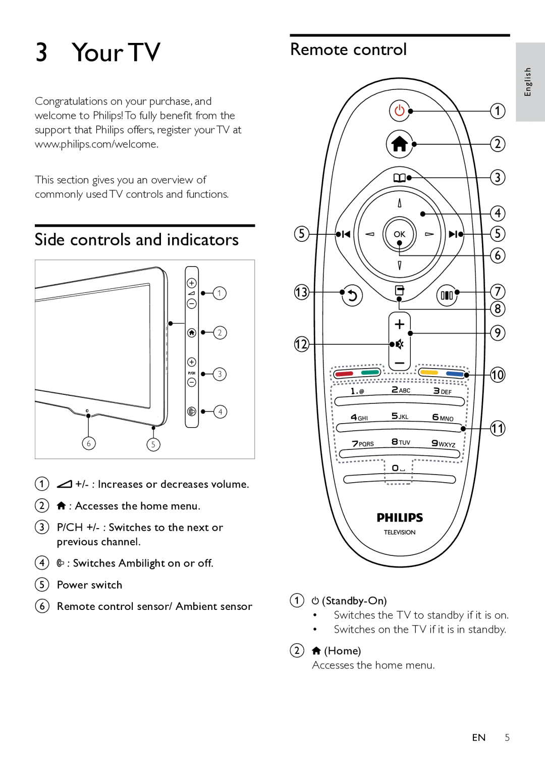 Philips 46PFL6605S/98, 46PFL8605S/98, 46PFL8605/98, 42PFL8605S/98 Your TV, Side controls and indicators, Remote control 