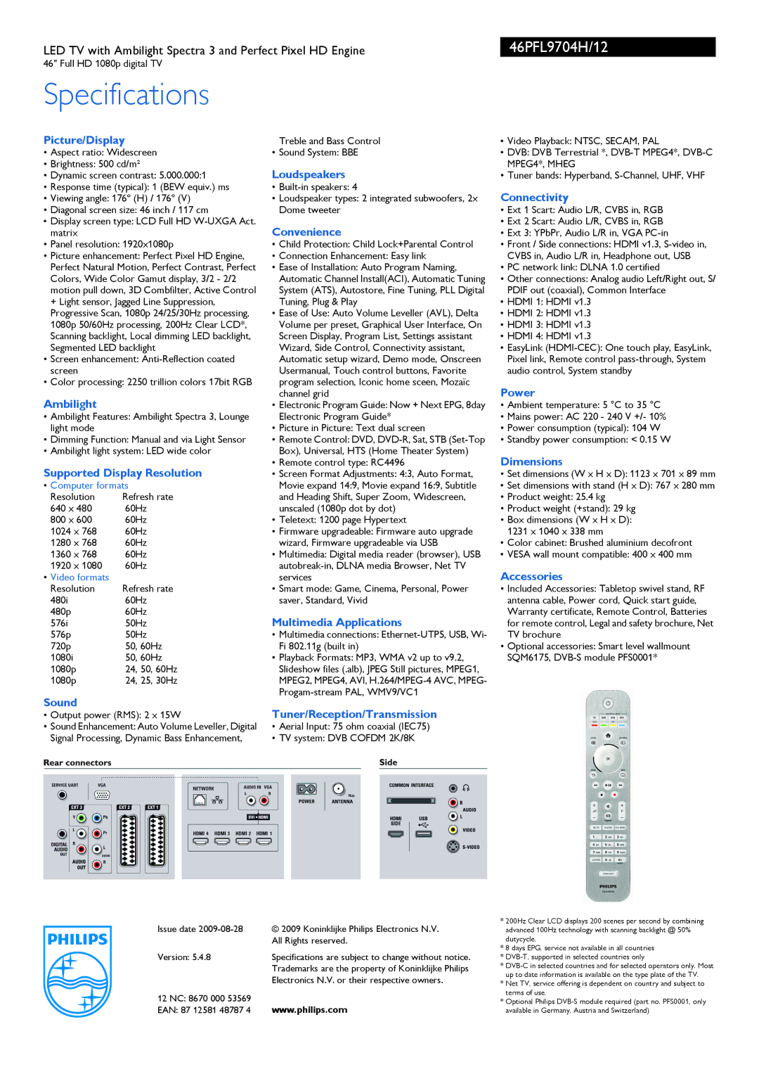 Philips 46PFL9704H/12 Picture/Display, Ambilight, Supported Display Resolution, Sound, Loudspeakers, Convenience, Power 